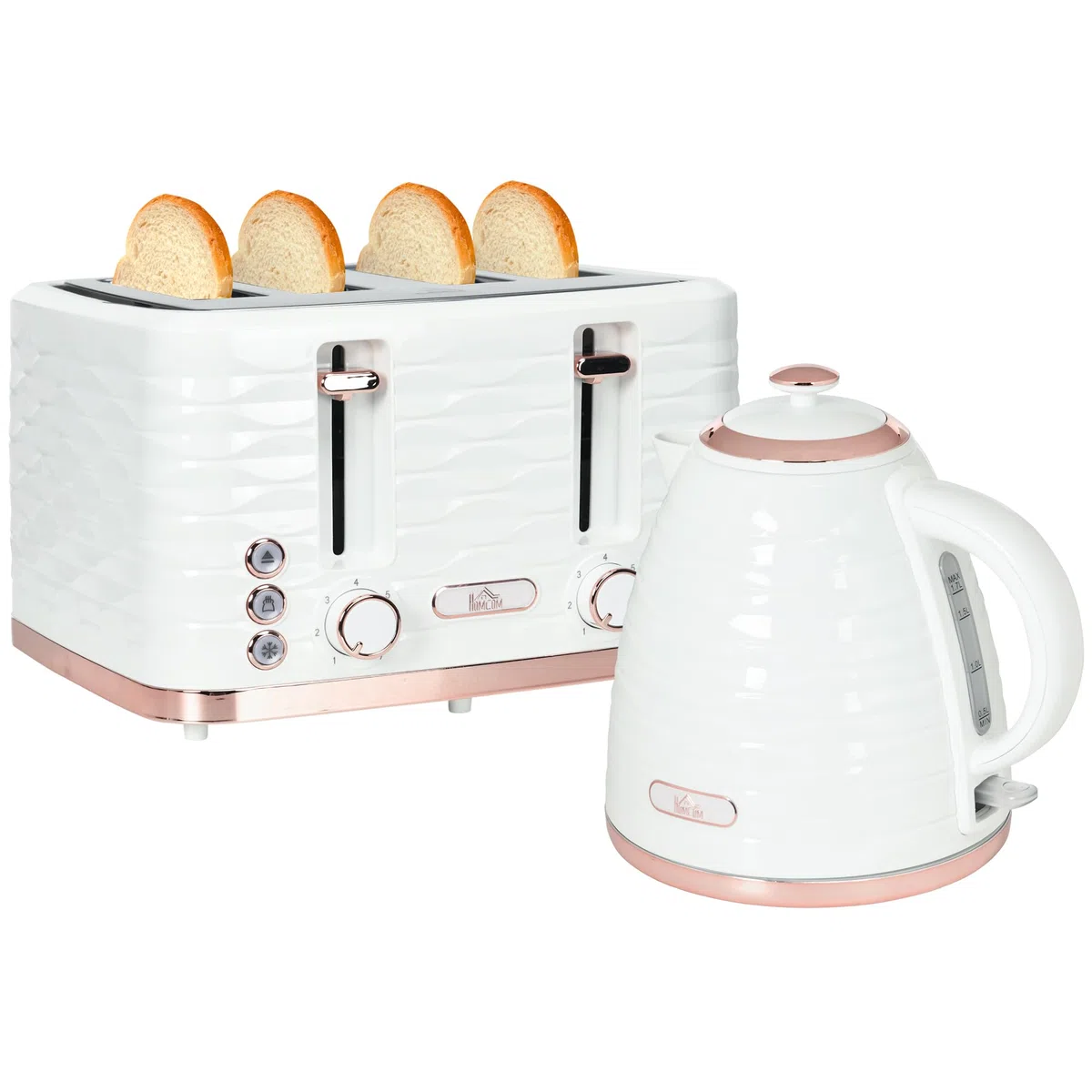 HOMCOM Set di tostapane per la colazione con bollitore da 1,7 l, 4 fette, 2200 W, 7 livelli di doratura, scongelamento, riscaldamento e scomparto per briciole, termostato lonter bianco crema