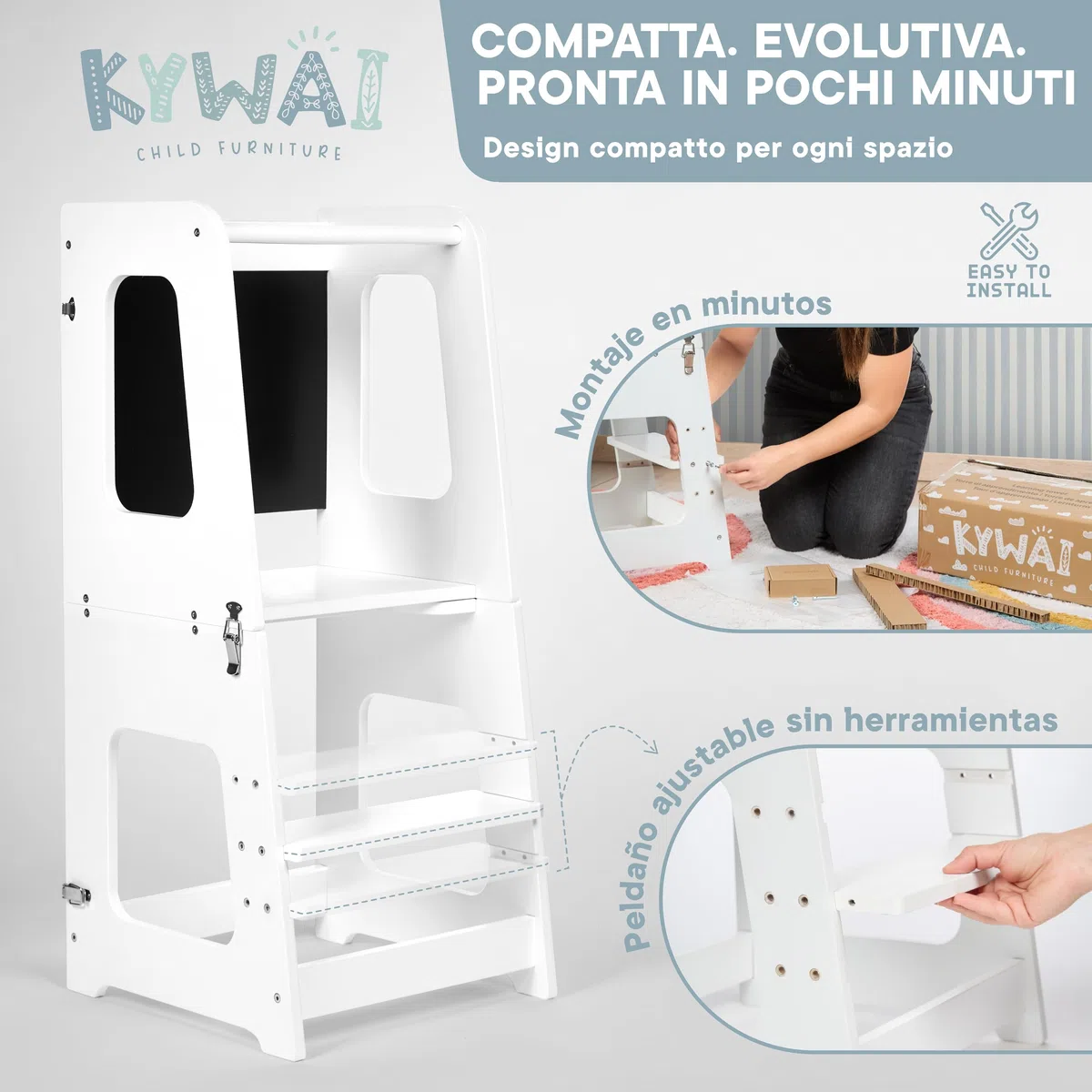 Torre Montessoriana Bambini Premium 3 en 1 Convertibile in Scrivania e Sgabello - Torre Montessoriana Pieghevole - Azienda Sostenibile Impegnata nella Riforestazione, Struttura Solida (Bianco)