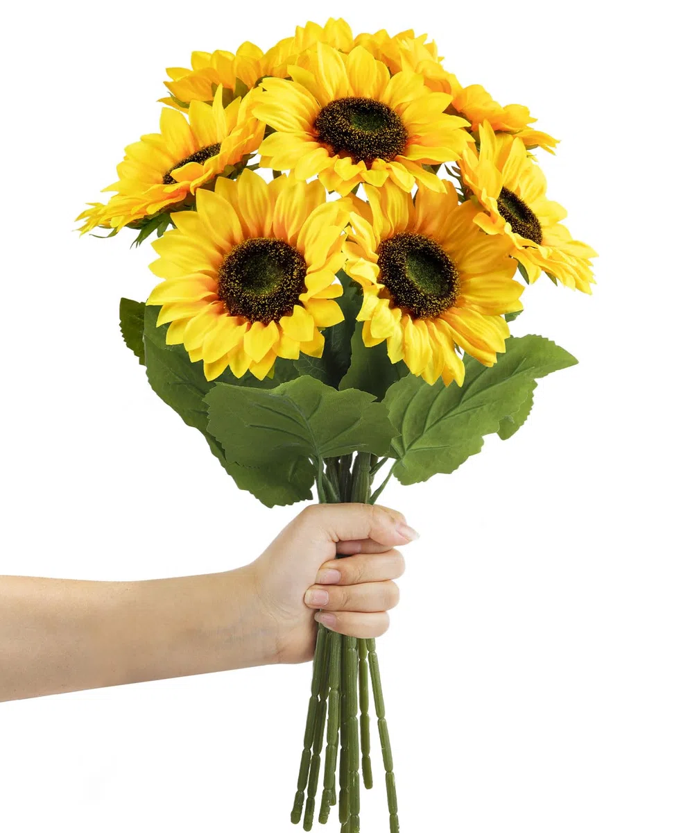 9 Pezzi Girasoli Artificiali, 48 cm Girasoli Finti a Stelo Lungo, Bouquet di Fiori Finti per Decorazioni, Naturali e Veri, Girasole di Seta Fiore Artificiale per Feste, Matrimonio, Ufficio, Casa.