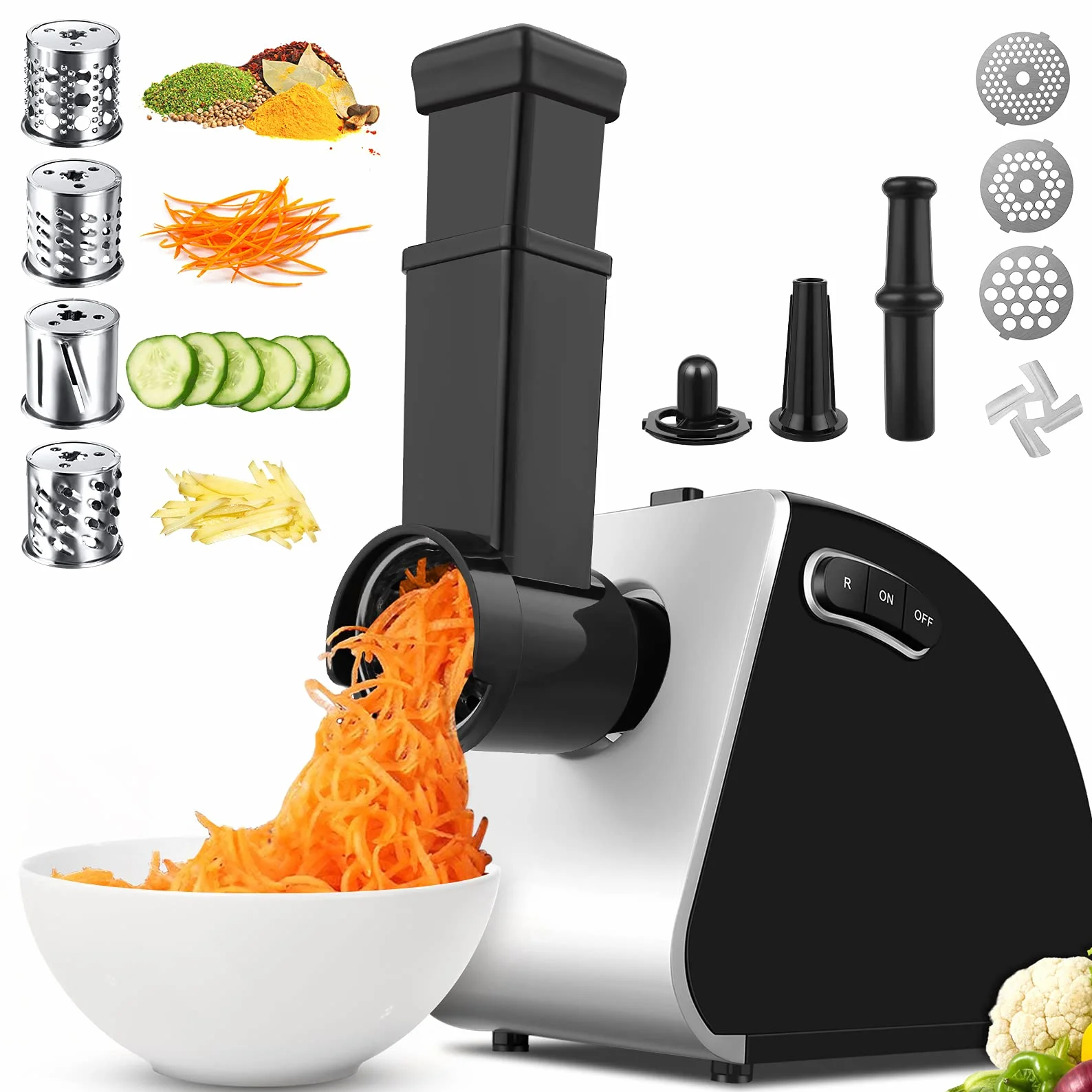 Tritacarne Elettrico Professionale 2000W con Insaccatrice e Accessorio Biscotti | 5 in 1 Macchina per Macinare Carne con 3 Dischi, 4 Lame e Accessori per Salsicce, Kibbe, Verdure e Dolci