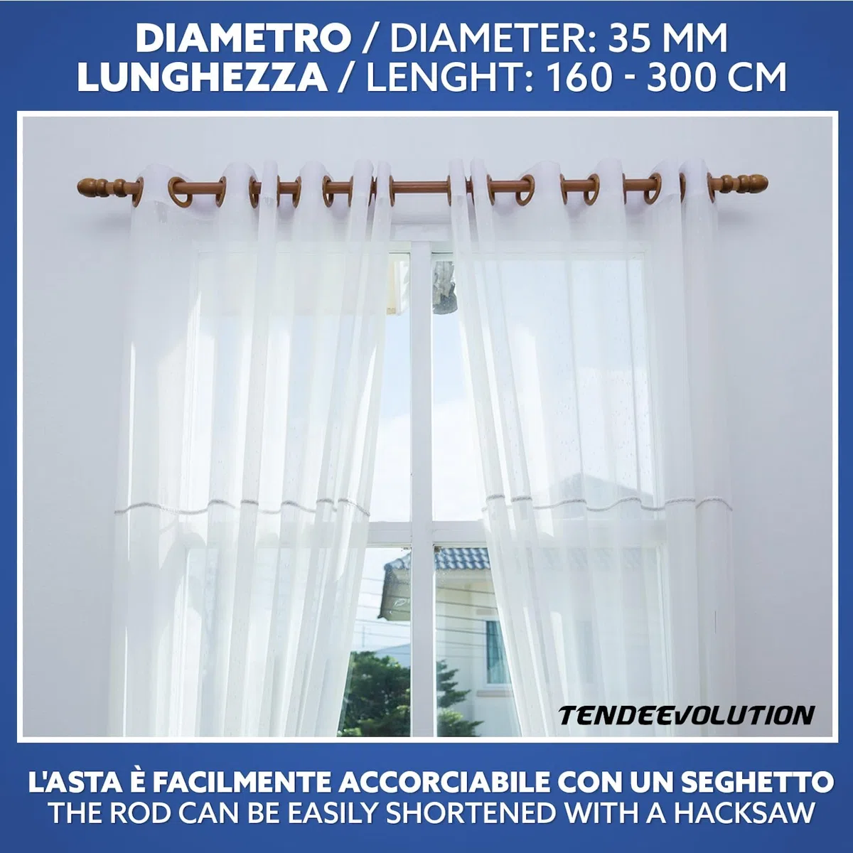 Bastone per Tende in Legno con Anelli completo di Accessori, Diametro 35 mm, Movimento Manuale, Bastone Tenda Bianco e Altri Colori con Supporti e Terminali, Zineffa per Tenda (CILIEGIO, 200 CM)