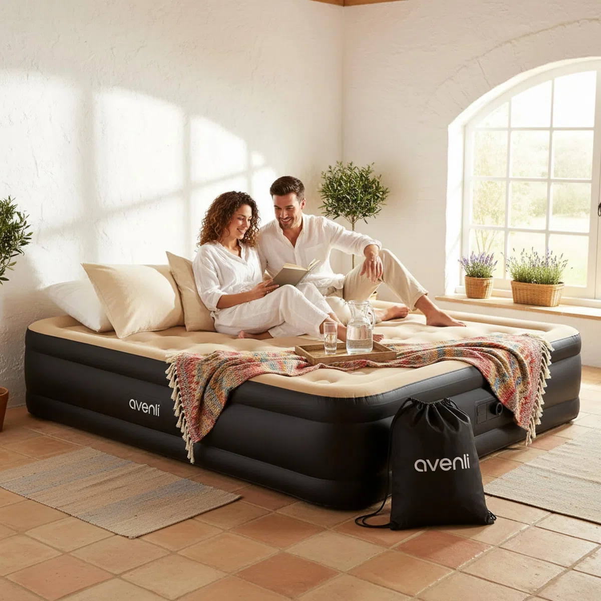 AVENLI Materasso Gonfiabile Matrimoniale 203x157x47 cm, Letto Gonfiabile Autogonfiabile 2 Persone con Pompa Elettrica Integrata, Materasso per Campeggio e Letto Ospiti, Coil-Beam, beige