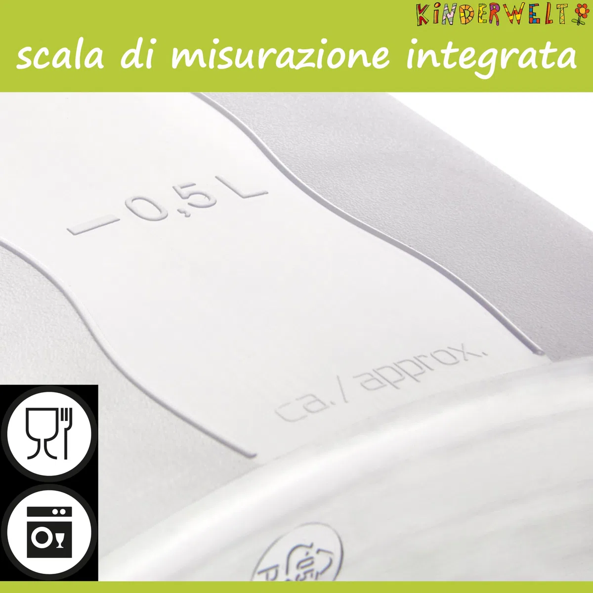KiNDERWELT Caraffa per succo da 2 litri, in plastica, con coperchio, con inserto per frutta e scala, per porta del frigorifero, caraffa per acqua per bevande fredde come succo, tè freddo