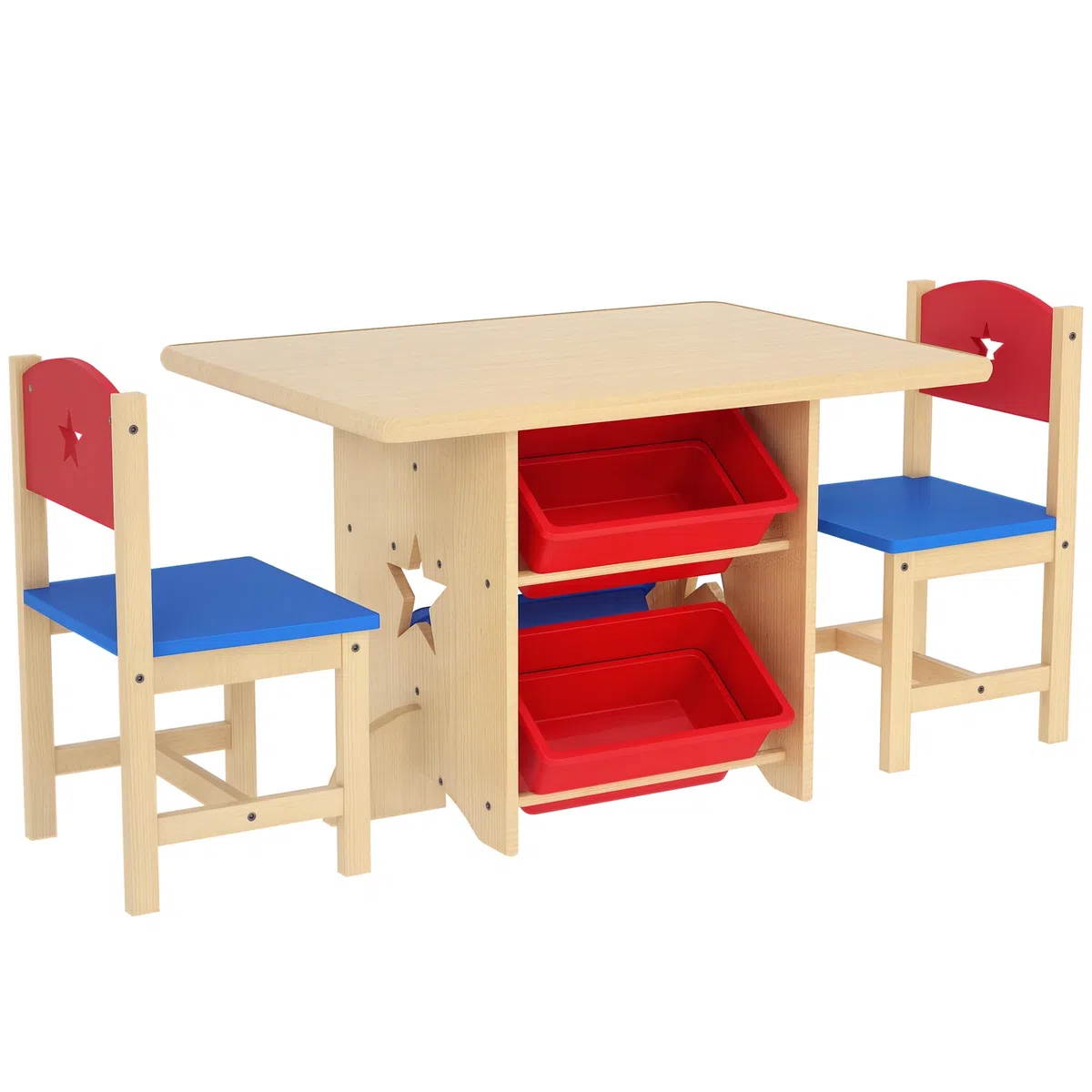 AIYAPLAY Set Tavolino e Sedie per Bambini 3-7 Anni, Tavolo per Bambini con 2 Sedie e 4 Contenitori Portaoggetti per Cameretta, in MDF e Legno di Pino, Color Legno