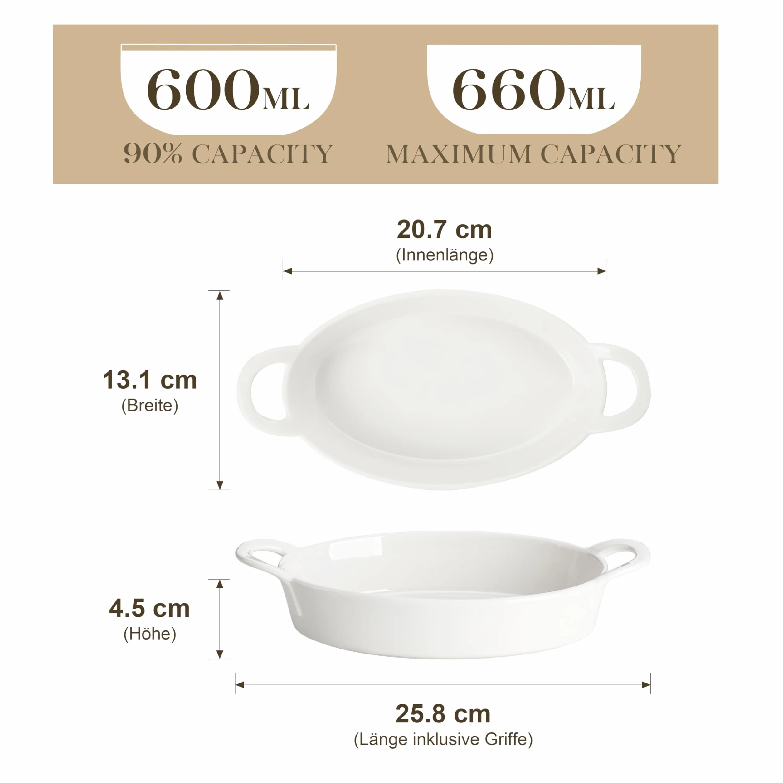 MALACASA Serie BAKE, Set di 4 Pirofile da Forno in Ceramica Ovali, 670ml Piatti da Forno in Ceramica, Cocotte Monoporzione da Forno con Manico per Dessert, Lasagne, Torta - 20,7cm (Bianca)