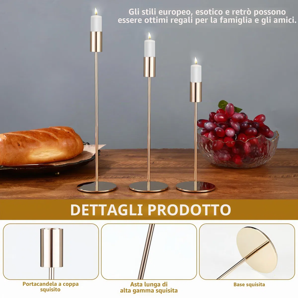Set Portacandele da 6 pezzi, 6 Candelabro dorati, 3 Porta Candele da Tavolo Cilindrico di diverse altezze. Candelabri è adatto per Porta Candela matrimoni, feste di compleanno e Candele Decorative