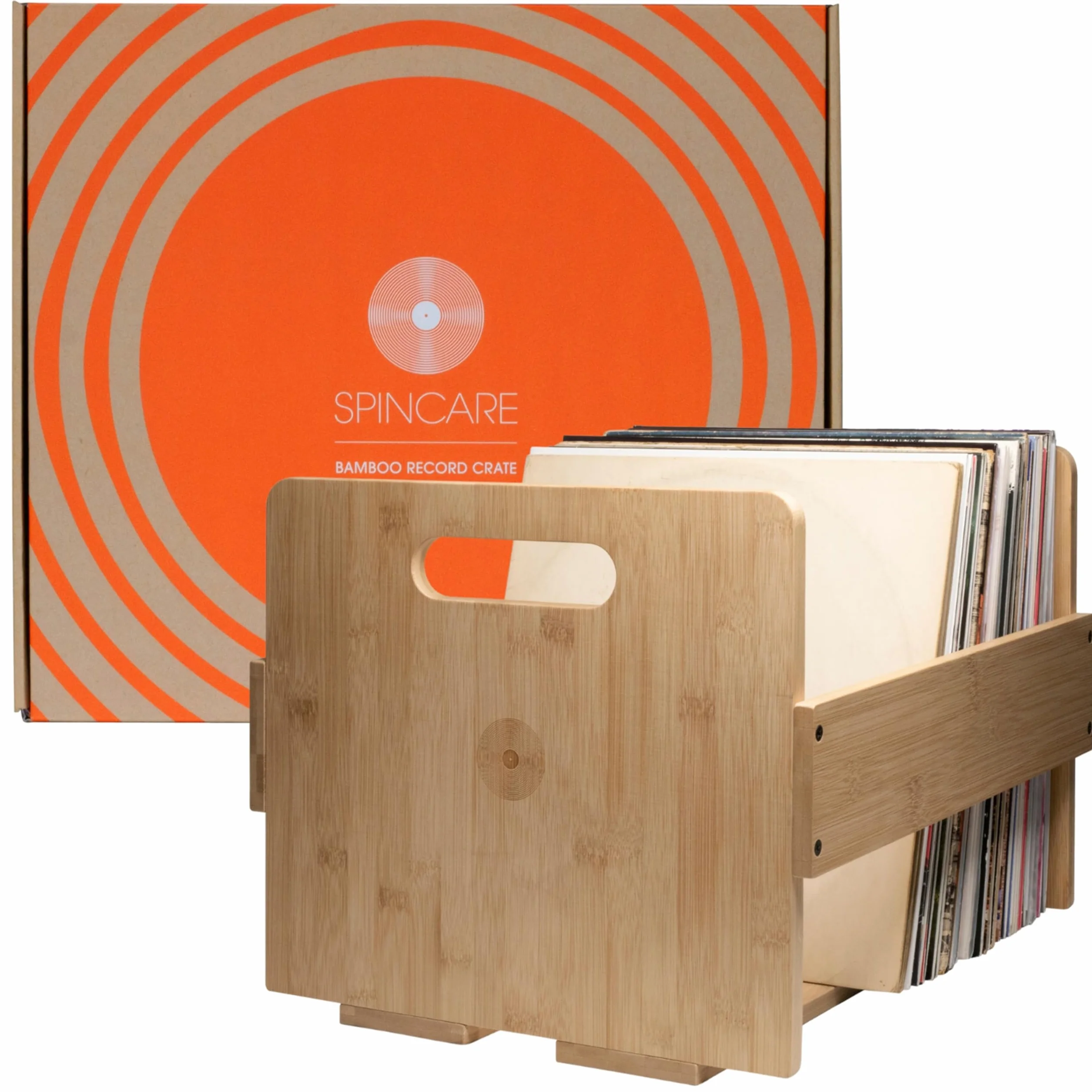 SPINCARE Cassa Porta Dischi in Vinile Premium Scatola Espositiva in Legno di Bambù per LP 33 Giri | Contiene fino a 80 vinili | Per Dischi Singoli, Doppi, Gatefold e Boxset in Vinile