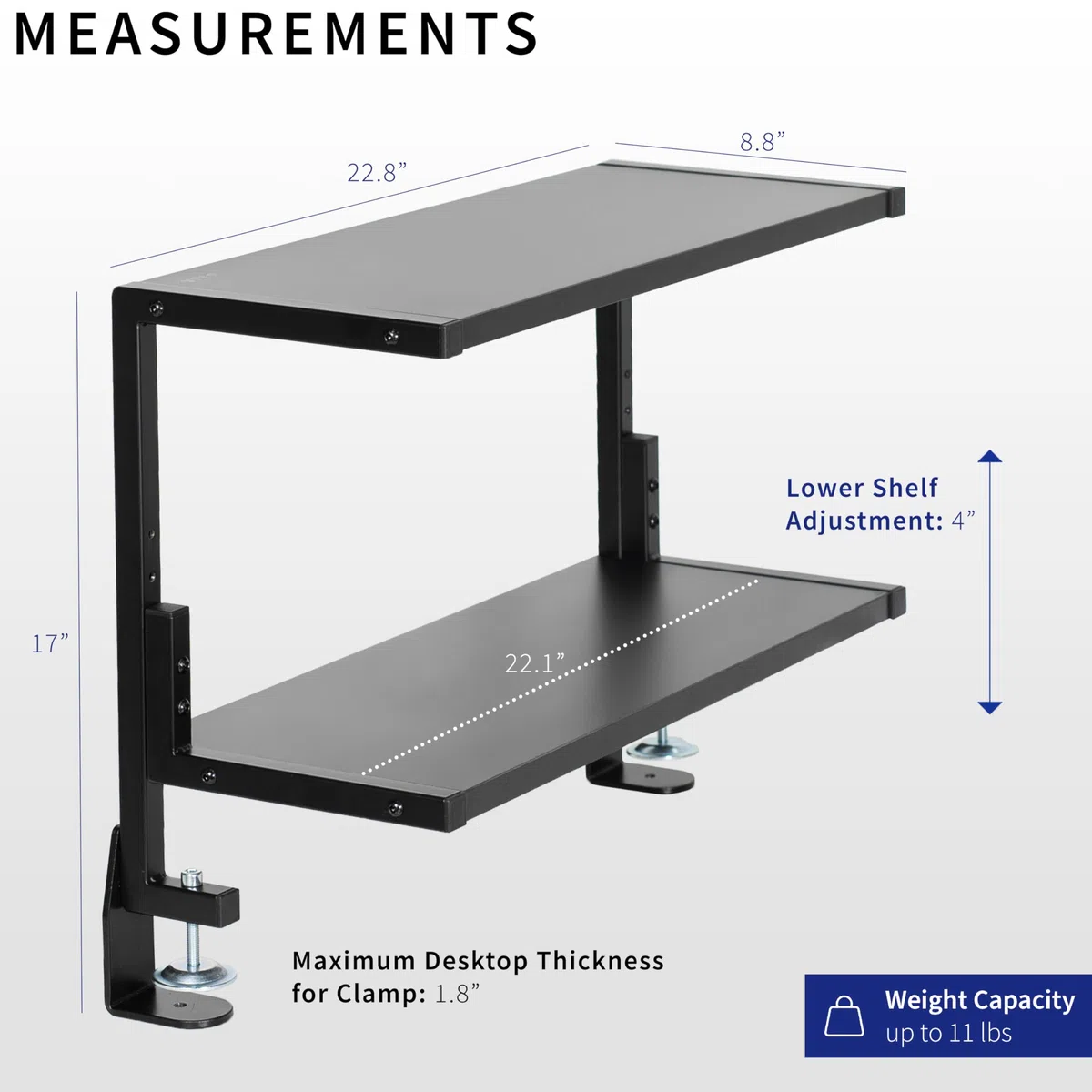 VIVO Scaffale a 2 ripiani con morsetto, 61 cm sopra o sotto la scrivania, per accessori da tavolo, dispositivi di gioco e altro, vassoio portaoggetti, organizer da scrivania, nero, STAND-SHELF24C