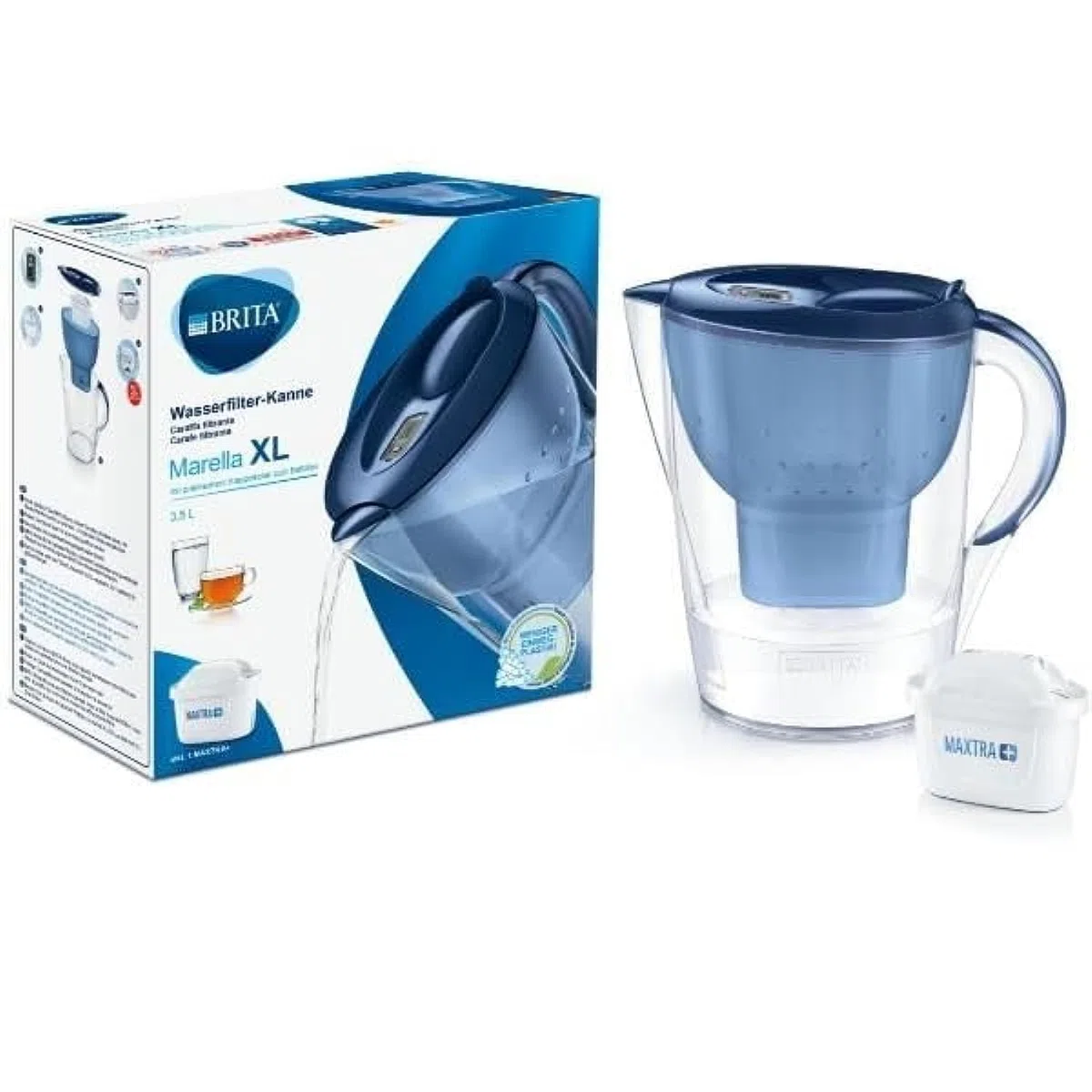 BRITA Caraffa Filtrante Marella XL per acqua, Blu (3.5l) - incl. 1 Filtro MAXTRA+ per la riduzione di cloro, calcare e impurità