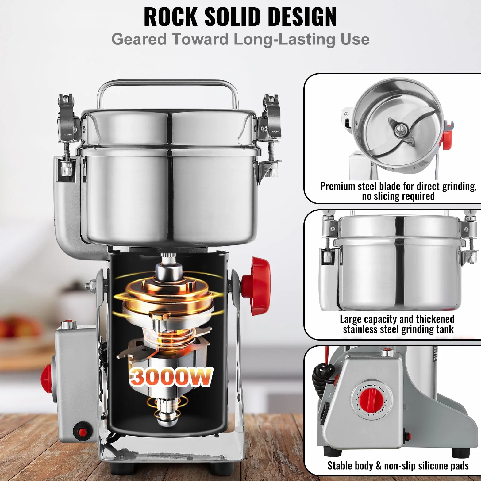 VEVOR 1000g Mulino Elettrico per Cereali, Macina Spezie Commerciale Alta Velocità 3000 W, Macchina Polverizzazione in Acciaio Inox, per Cereali Secchi, Spezie, Caffè, Mais, Pepe, Tipo Oscillante