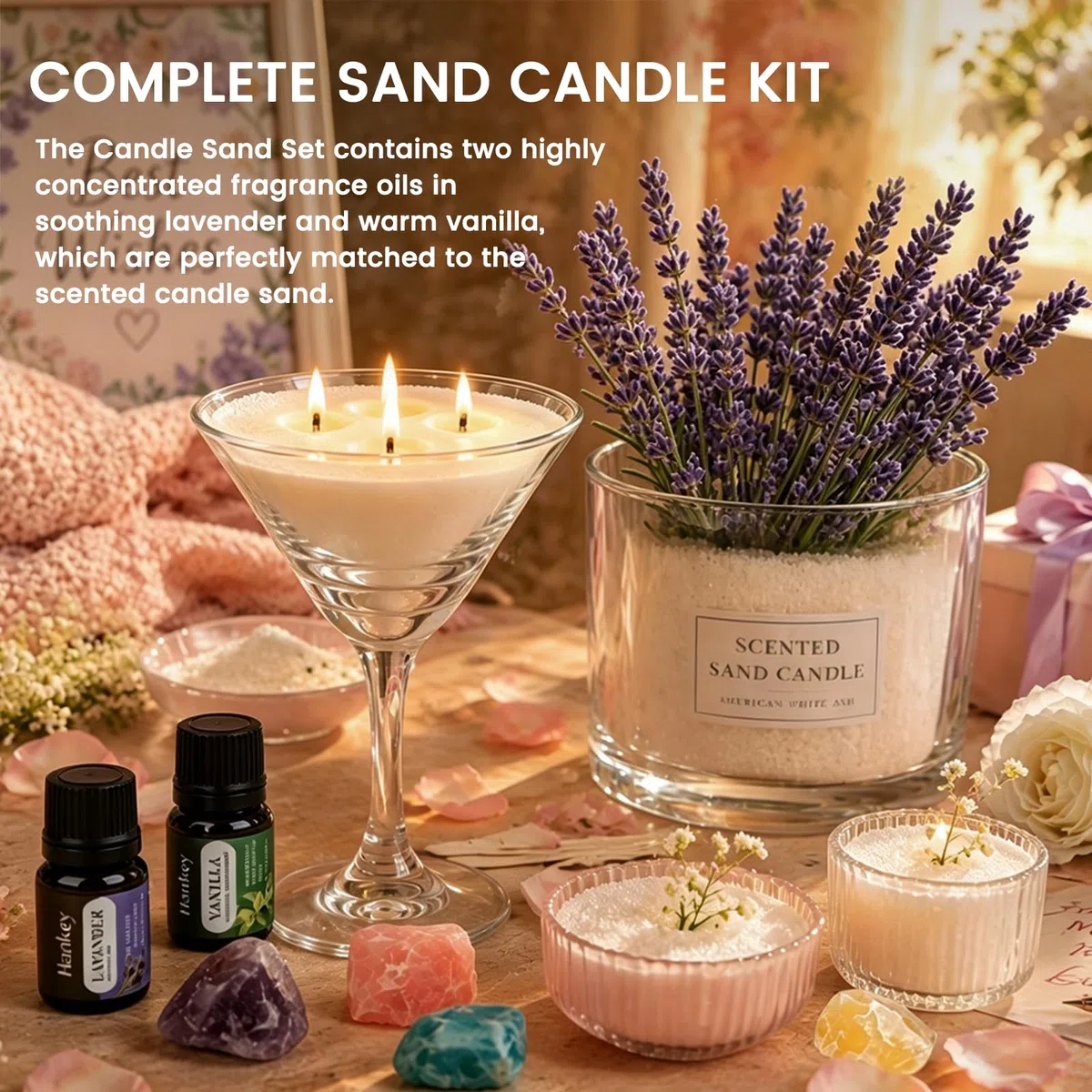 Sabbia per Candele con Stoppini, Kit Candele Fai da Te con 450g Perle di Cera per Candele, 30 Stoppini e Calice, Cera di Soia per Candele, Fino a 100 ore di durata
