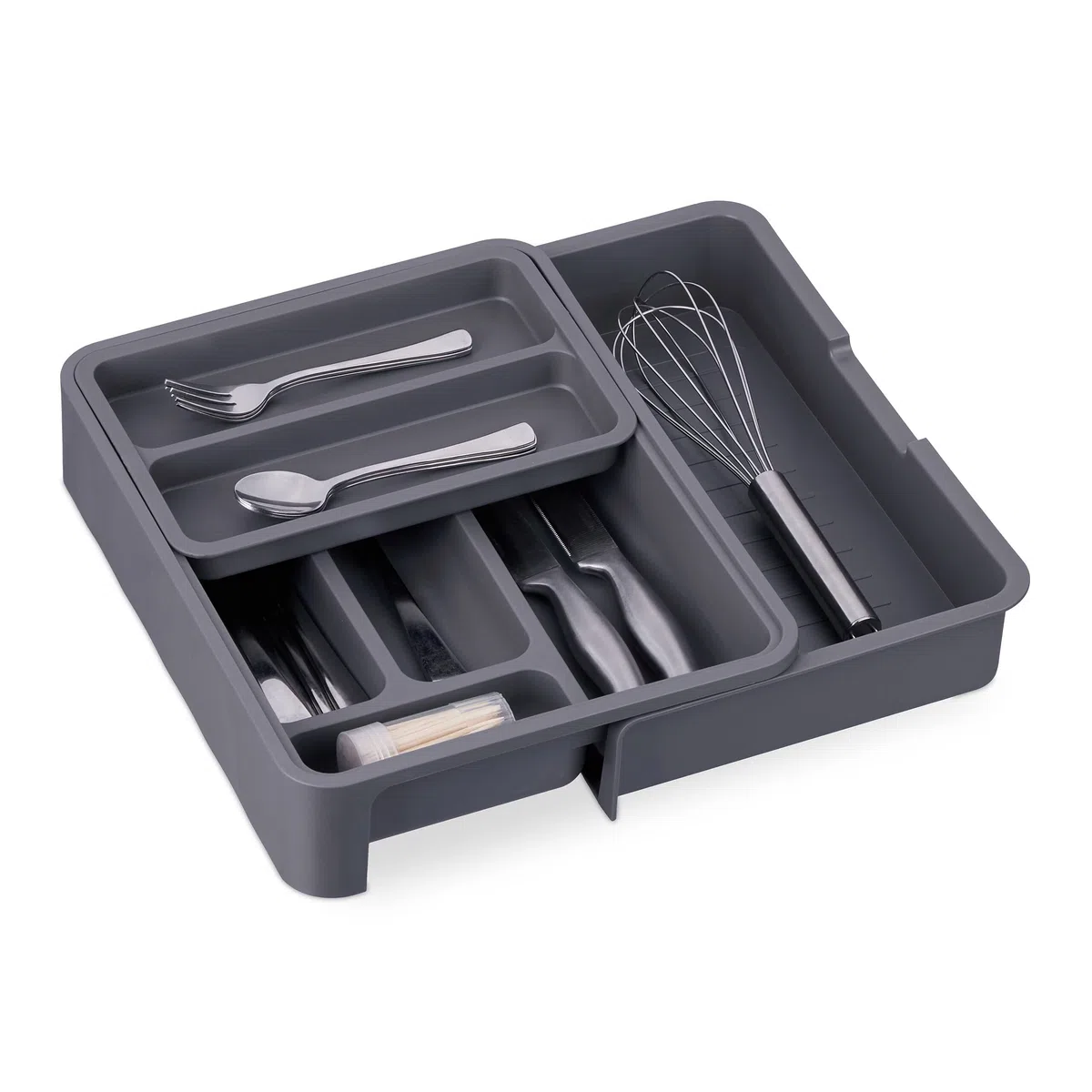 Relaxdays Portaposate da Cassetto Allungabile, HLP 6,5 x 23,5-40 x 31,5 cm 7 Scomparti Divisore per Posate, Grigio Scuro