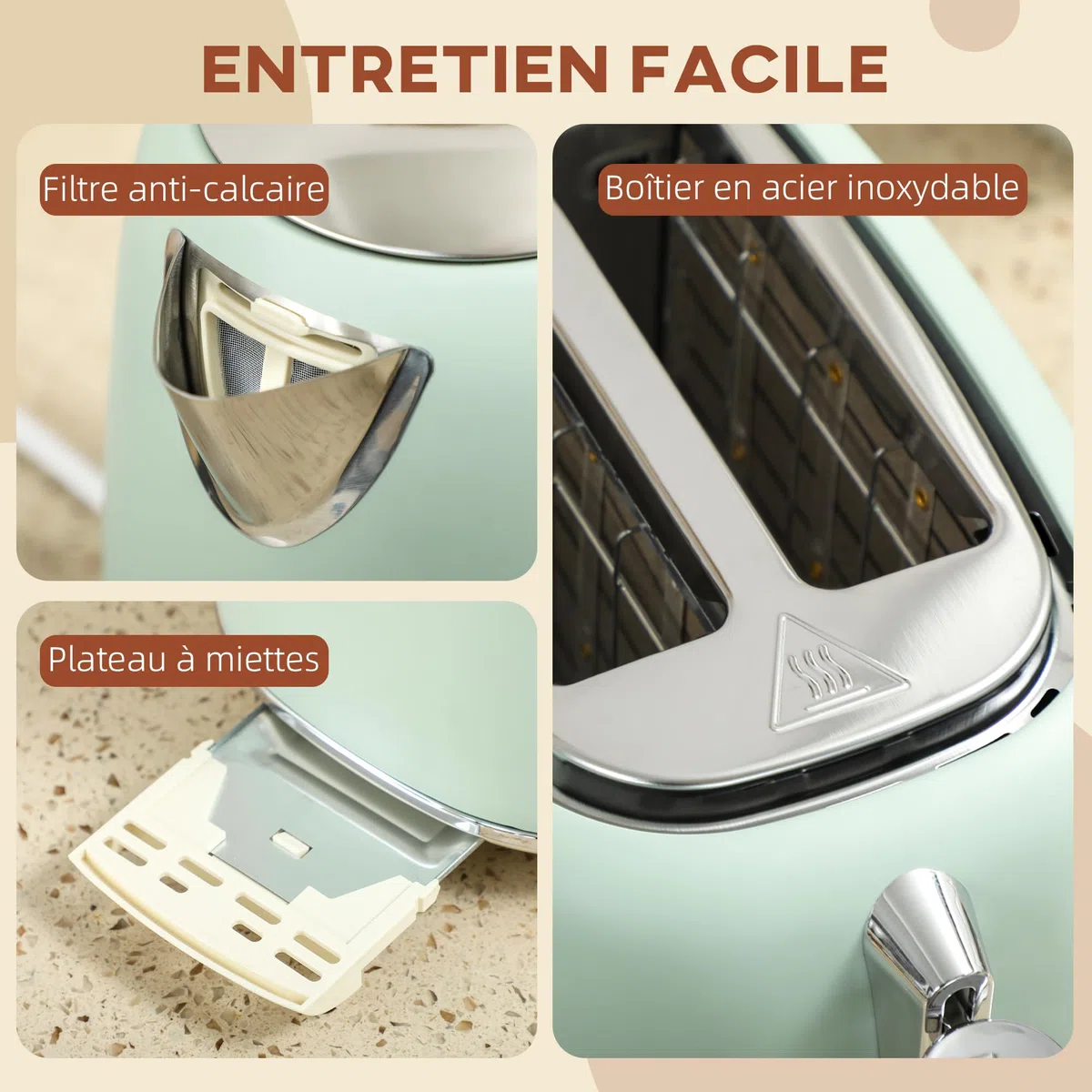 HOMCOM Set di bollitore e tostapane in acciaio inox 2200 W e 1,7 L, tostapane 2 fette, 7 livelli di brunitura, riscaldamento rapido, termostato Strix, filtro anticalcare e vassoio per briciole, verde