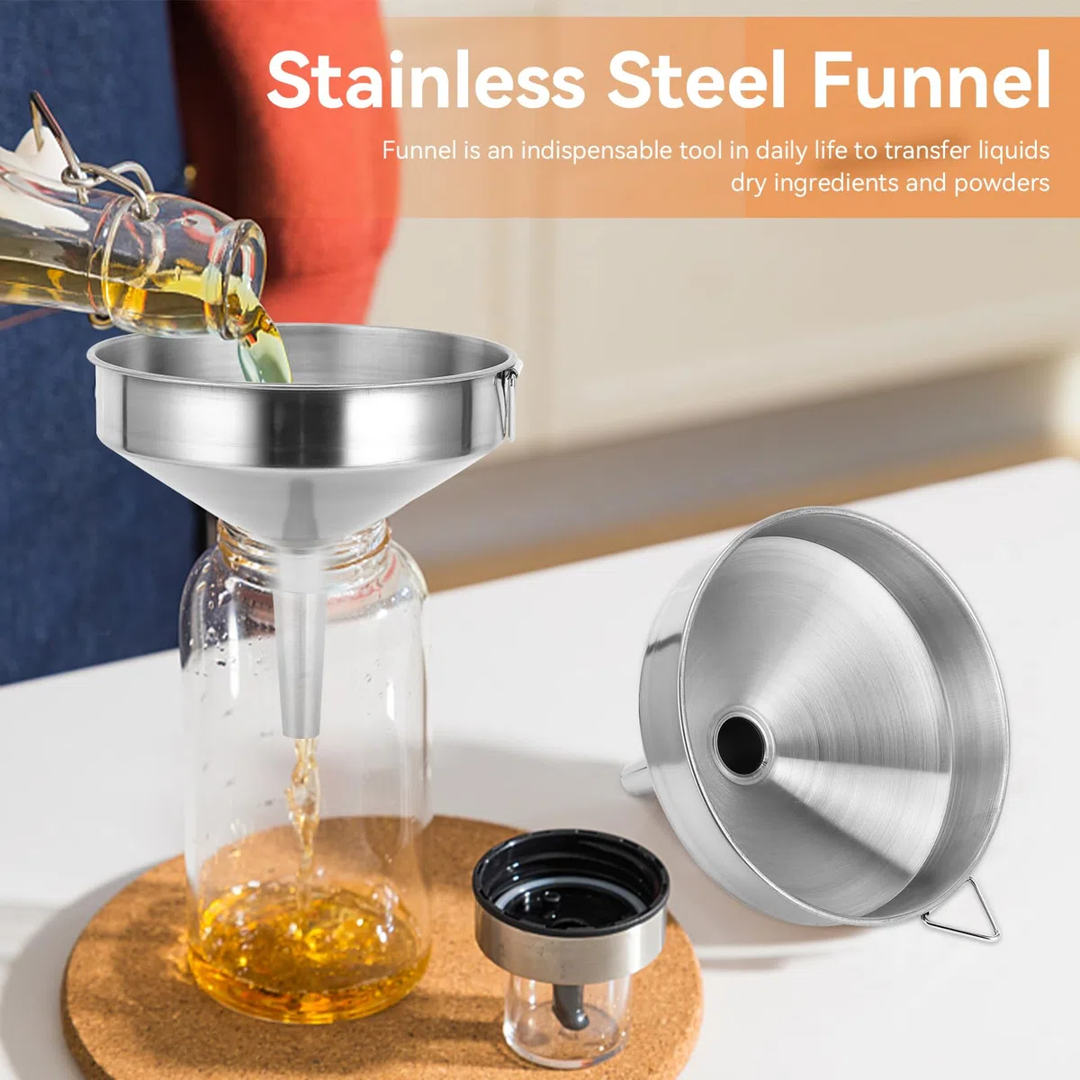Imbuto Cucina, Ø 15cm imbuto acciaio inox di riempimento per liquidi e ingredienti secchi Imbuto per olio per auto, facile da pulire e riporre(L)