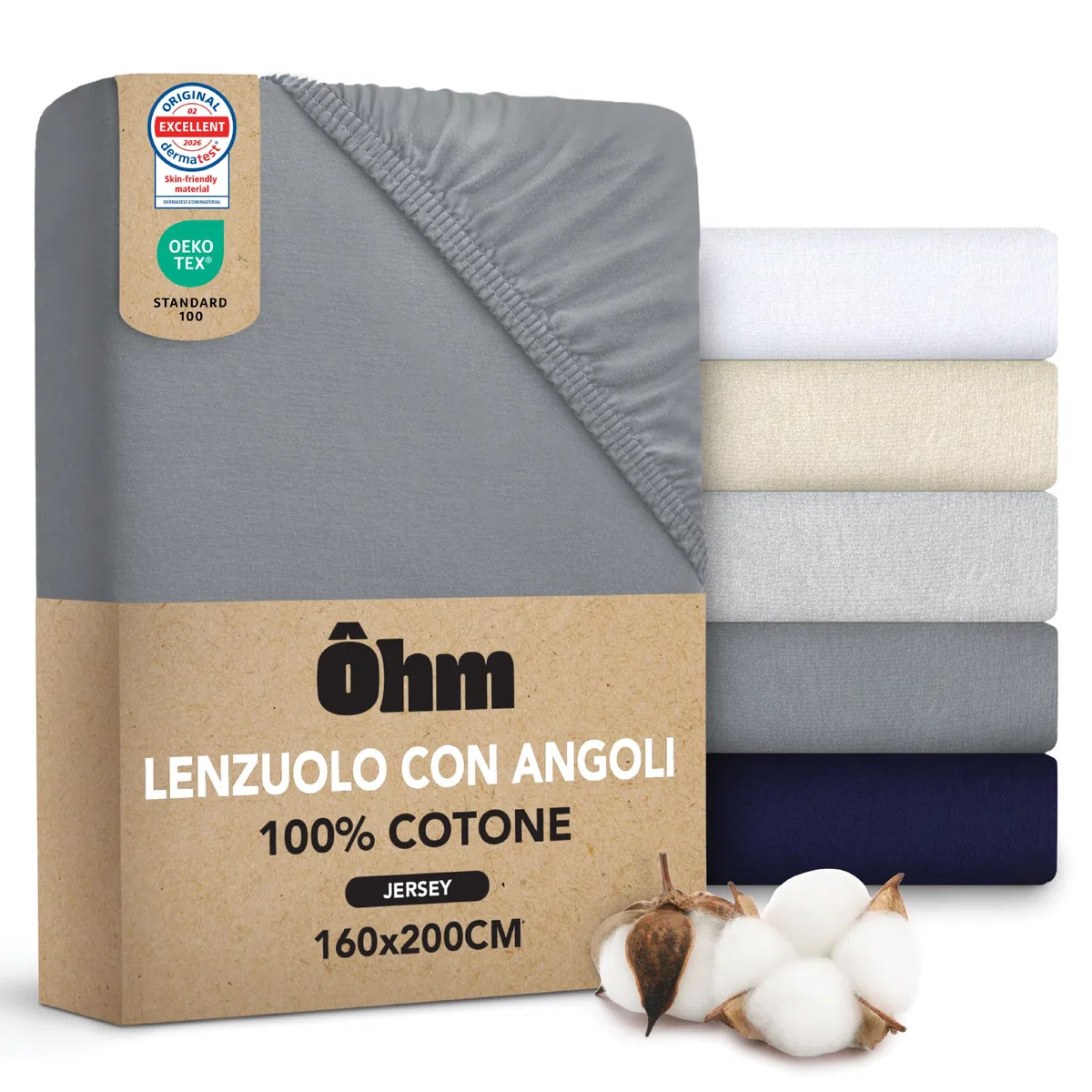 Ôhm Lenzuolo con Angoli Matrimoniale 160x200 cm Antracite – Jersey 100% Cotone Elasticizzato – Morbido e Traspirante – Angoli 28 cm per Materassi Alti – Certificato OEKO-TEX
