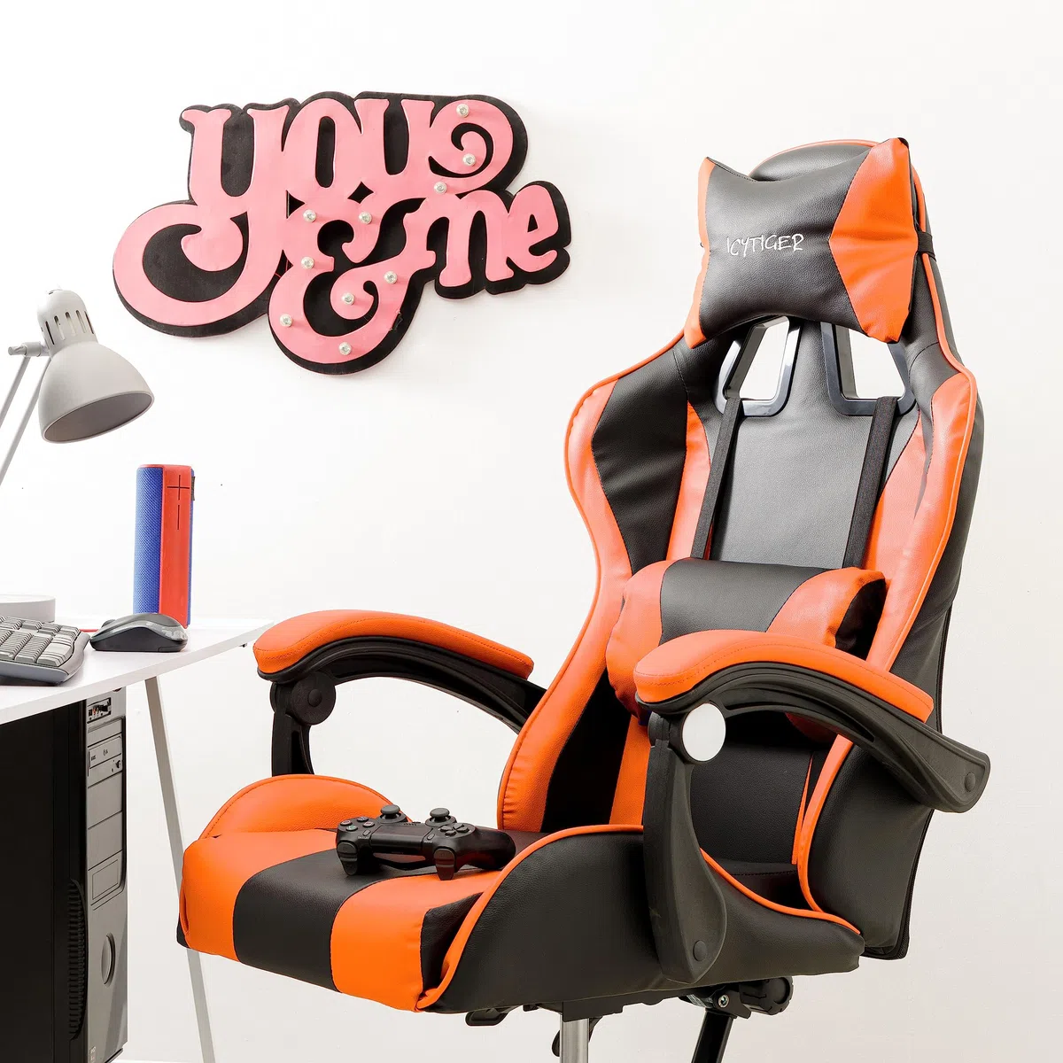 Baroni Home Sedia da Gaming, Sedia Ufficio Ergonomica con Schienale Regolabile, Poggiatesta e Supporto Lombare, Arancione