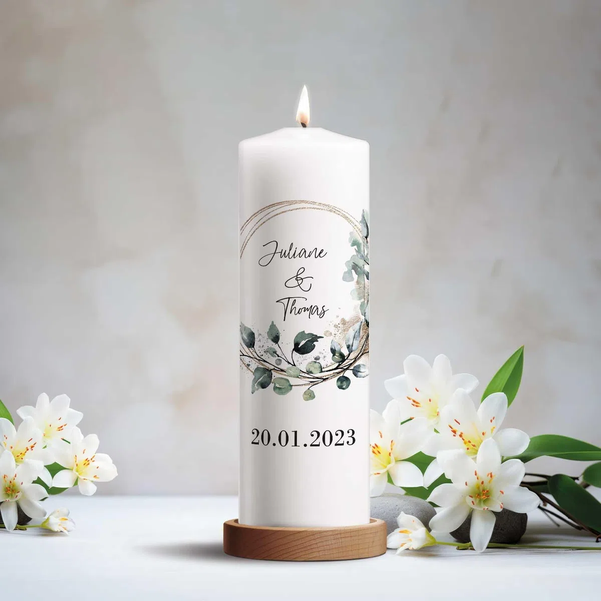 GRAVURZEILE Candela Stampata - Cerchio Floreale - Personalizzata Con Nome e Data per Nozze - Regalo per Sposi - Pilastro di Alta Qualità 250/80 mm - Bianco