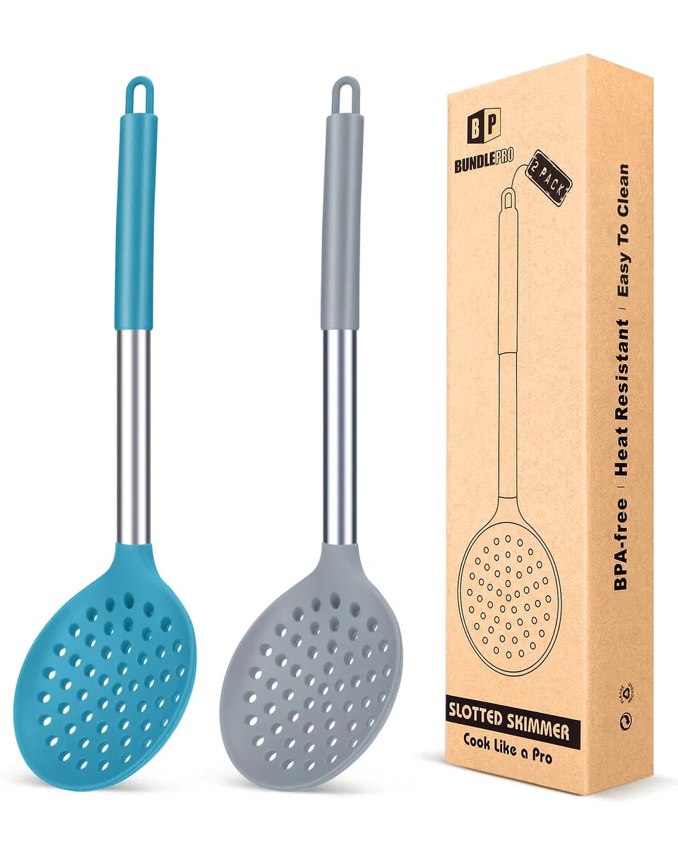 Set di 2 Schiumarola Silicone Alta Resistenza Al Calore, senza BPA, antiaderenti, per scolarli e friggere (grigio e blu)