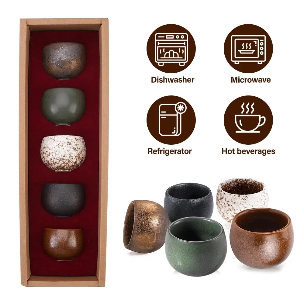 Set Tazzine Caffè Espresso, 5 Pezzi Ceramica Tazzine Caffe Particolari 50 ML, Tazze da Caffè in Ceramica a Pareti Spesse con Scatola Regalo, Senza Manico, Regali per Amici e Familiari