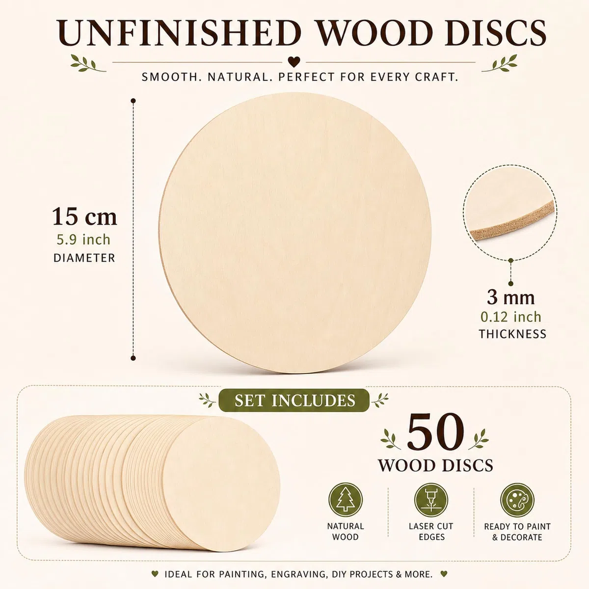 STARVAST 50 dischi di legno grezzo naturale, fetta di legno 15 cm con spessore 3 mm, tondi di legno per arti e mestieri, decorazioni natalizie, artigianato fai da te, 6 pollici
