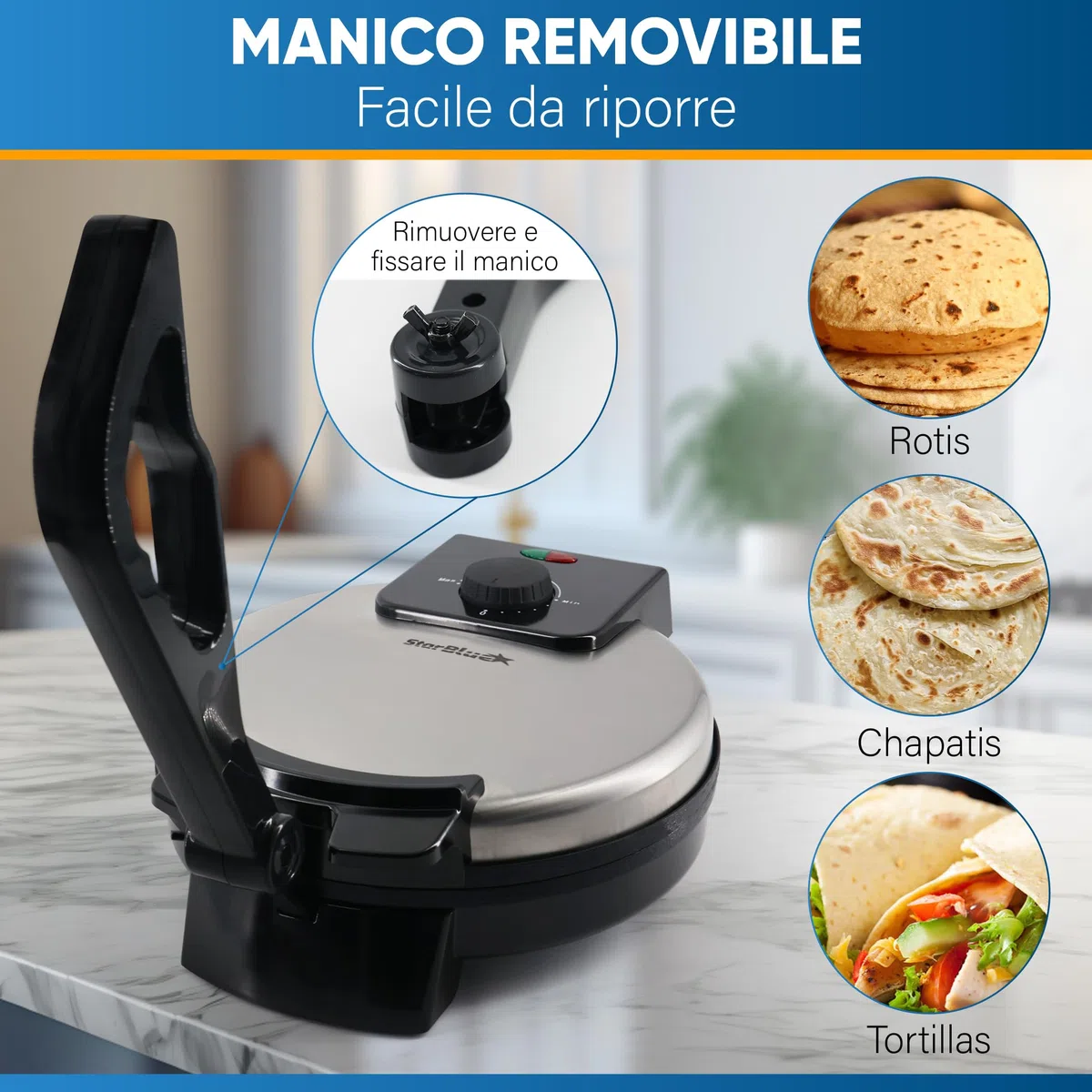 StarBlue Roti-Maker 25,4 cm con riscaldatore Roti gratuito e manico rimovibile - Indian Chapati Tortilla, Roti AC220-240 V 50/60 Hz 1200 W, spina europea