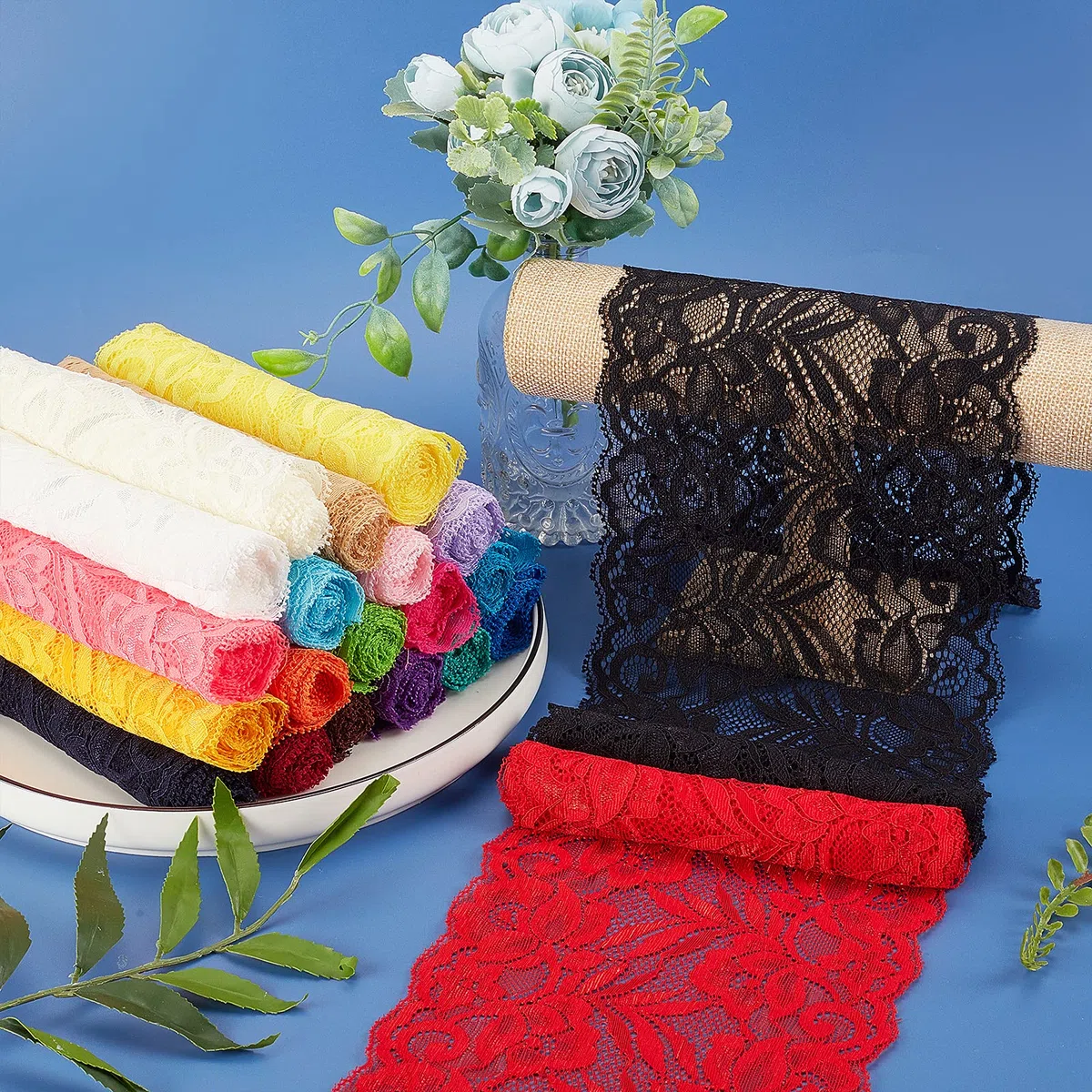 BENECREAT Nastro di pizzo elastico in tessuto largo 150 mm, per fasce per capelli, giarrettiere, bouquet nuziali, 22 colori, 1 m per colore