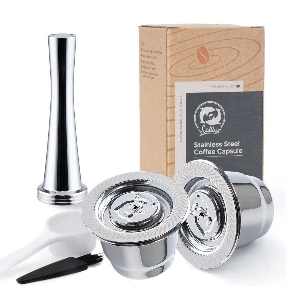 Capsule riutilizzabili Nespresso in acciaio inox, 2 cialde ricaricabili per macchine originali Nespresso + 1 manomissione + 1 cucchiaio + 1 pennello