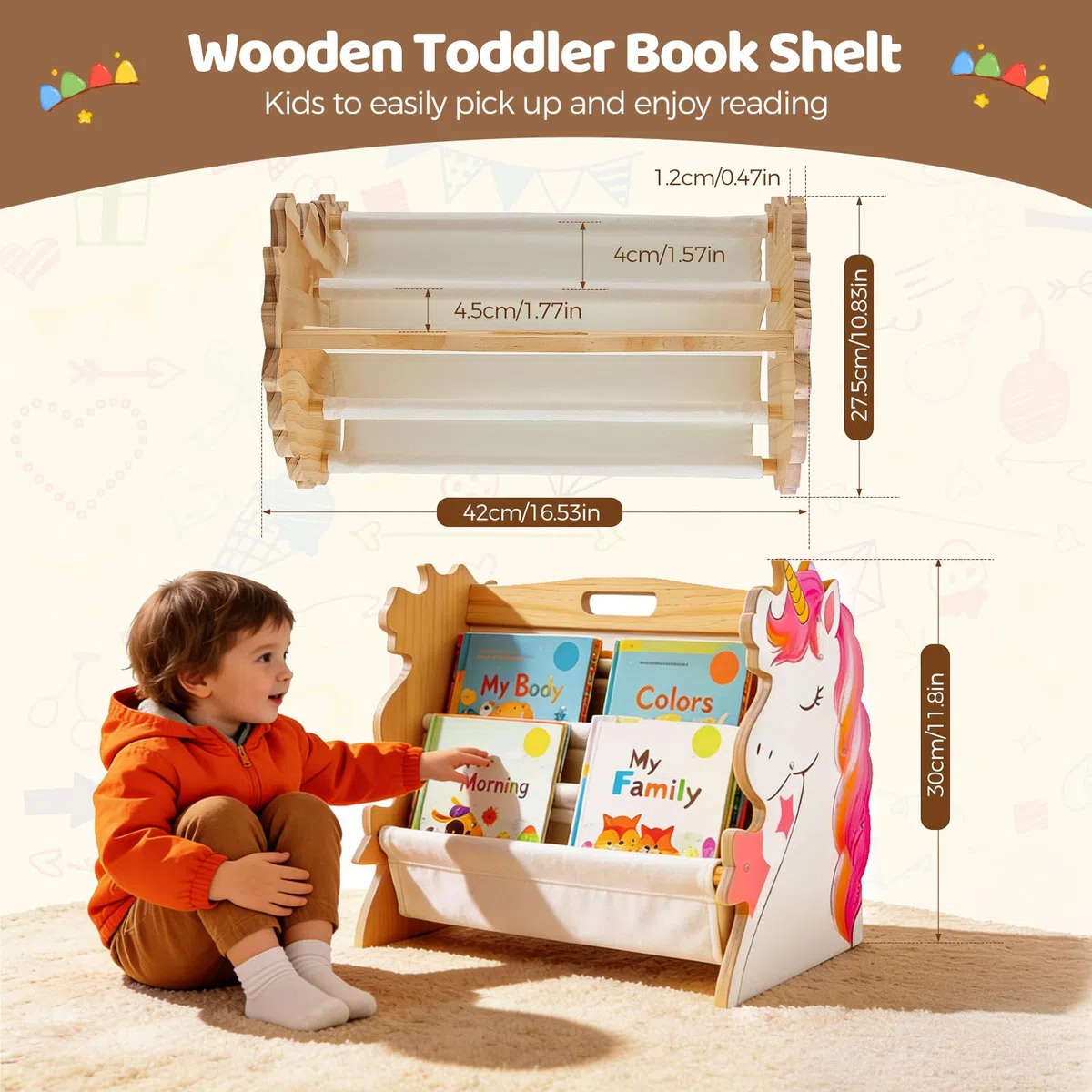 Libreria per bambini in legno a 2 ripiani, Libreria Montessoriana per Bambini, Scaffalatura Espositore da Cameretta, organizer per libri con maniglia, scaffale organizer per Cameretta e Stanza (02)