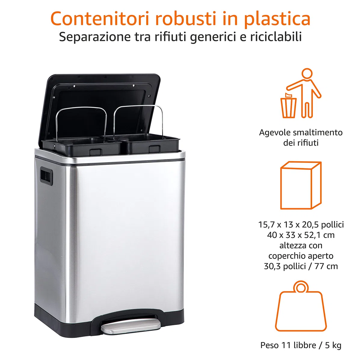 Amazon Basics Pattumiera 30 L (2 x 15 L) Rettangolare con due scomparti e pedale in tubo d'acciaio - chiusura ammortizzata con coperchio, per cucina, bagno o ufficio, in acciaio inossidabile