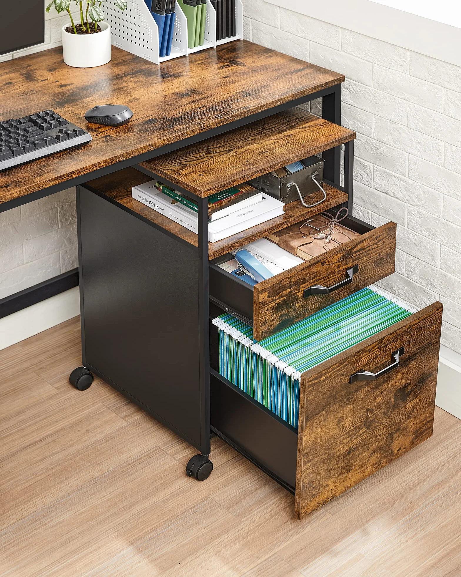VASAGLE Schedario con 2 Cassetti, Mobile per Ufficio con Ruote, Ripiano Aperto, Struttura in Acciaio, Stile Industriale, Marrone Vintage e Nero Inchiostro OFC71X
