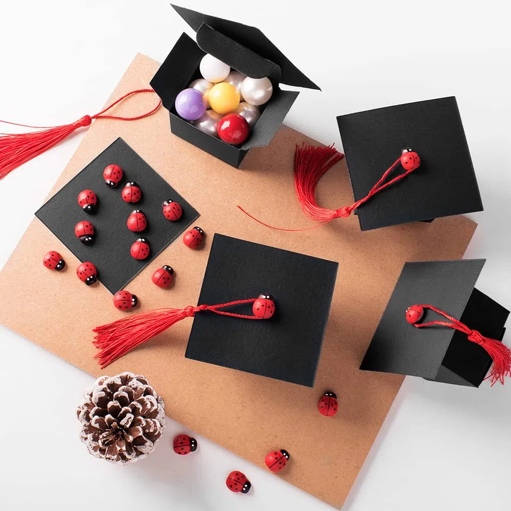 50 Pezzi Bomboniere Laurea Scatoline Confetti Laurea di Cappello in Kraft con 50 Ciondoli Coccinella 50 Nastri Rossi