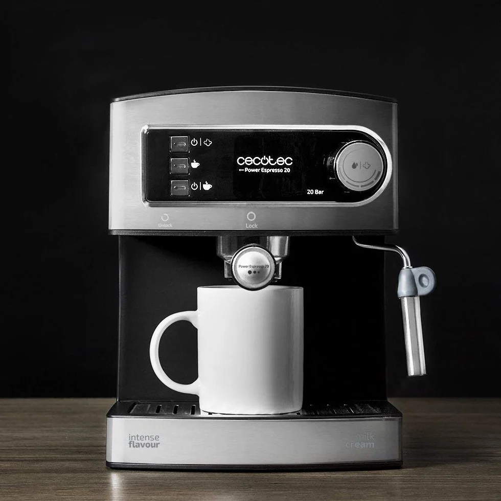 Cecotec Macchina da Caffè Espresso Power Espresso 20. 850 W, Pressione 20 Bar, Serbatoio 1,6 L, Uscita A Doppio Braccio, Vaporizzatore, Superficie A Tazza Calda, Finiture in Acciaio Inox