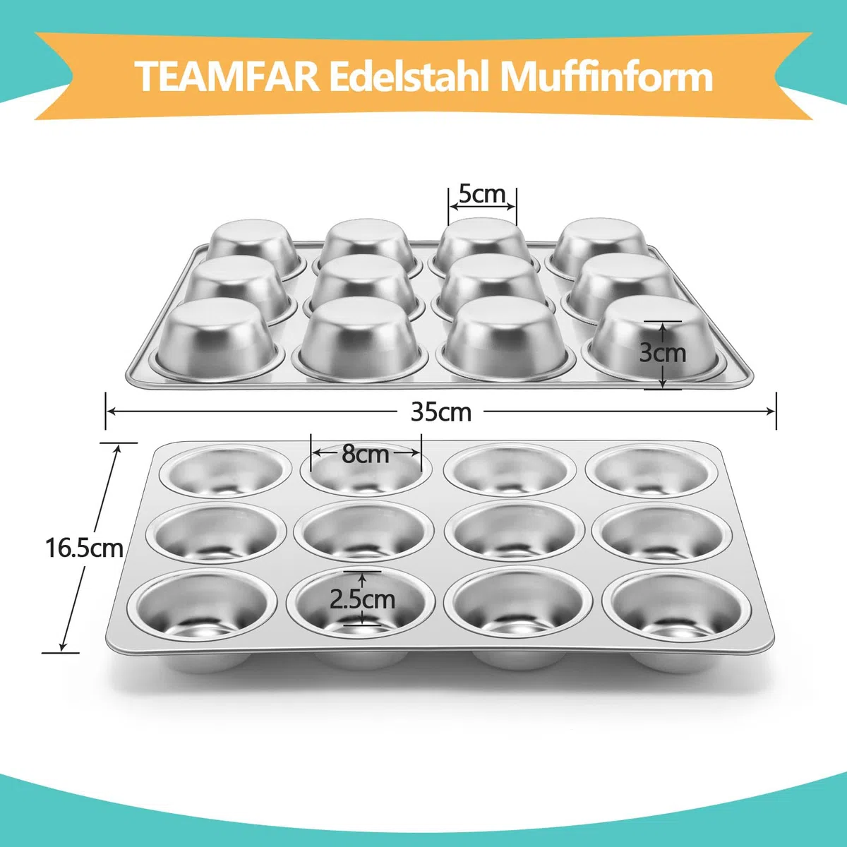 TEAMFAR Stampo per muffin, in acciaio inox, per 12 muffin, 3 cm di profondità, per muffin, cupcake, brownies, dolci, budini, rivestimento atossico, lavabile in lavastoviglie