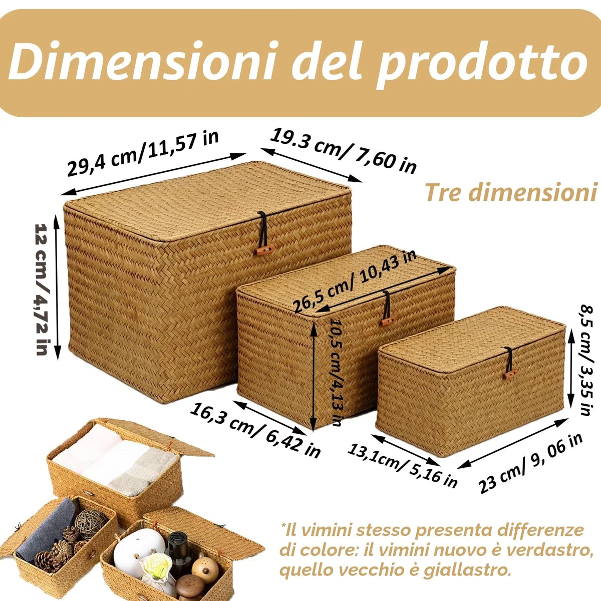 Cesto Portaoggetti in Rattan Intrecciato, Set di 3 Cestini Portaoggetti in Vimini con Coperchio, Cesta in Vimini di Seagrass, per Scaffali, Scrivania, Organizer per la CasaS(S, M, L, Arancione)