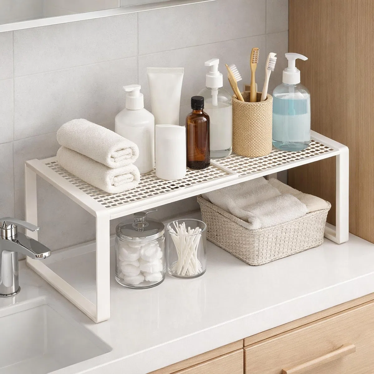 Organizer per armadio impilabile, estensibile, sistema di scaffali in metallo senza foratura, per cucina, bagno e scarpiera, salvaspazio e regolabile, bianco (bianco, lunghezza: 27-38 cm, larghezza