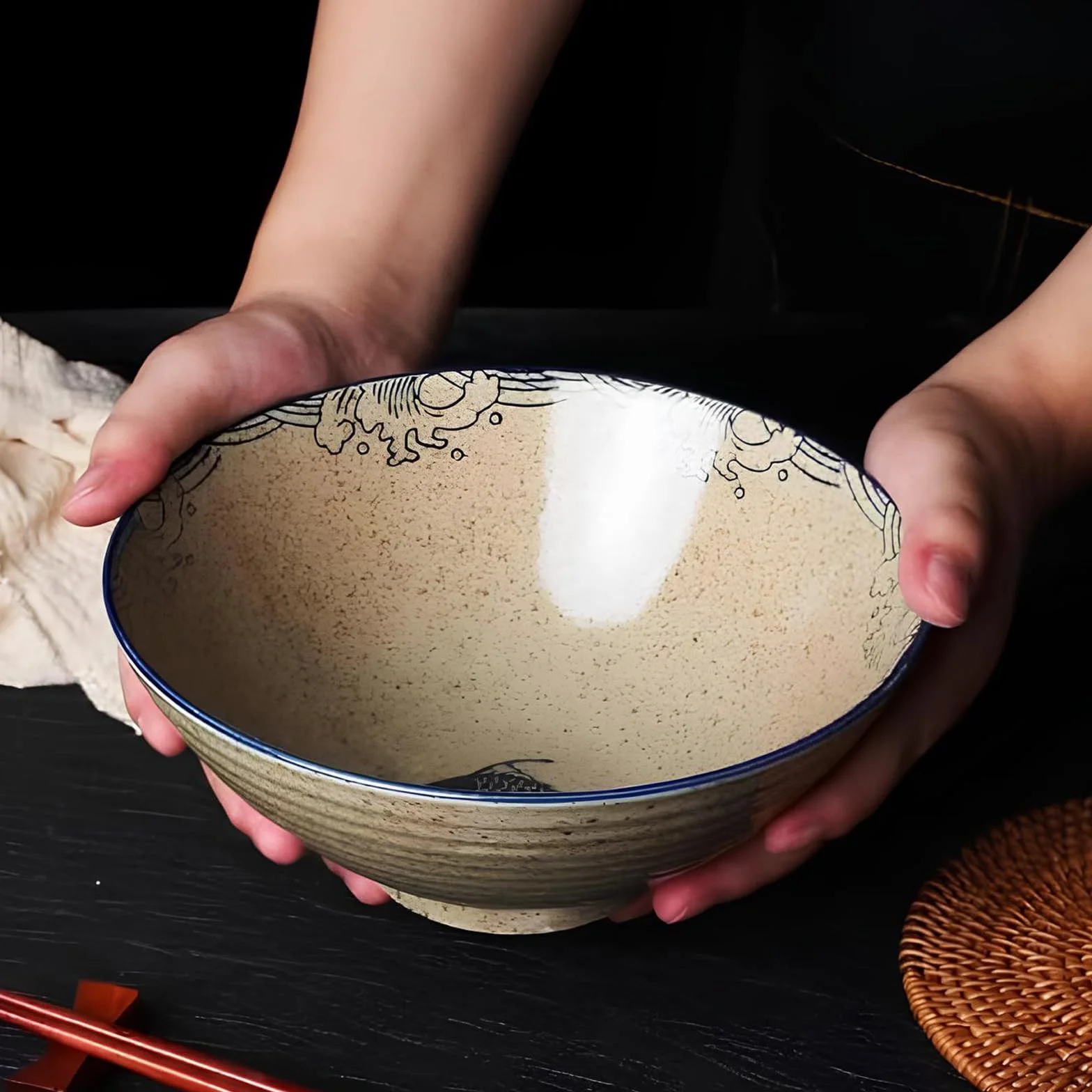2 Set Ciotola per Ramen in Ceramica 1200 ml, Set di Ciotole per Ramen 1200 ml, Grande Ciotola Zuppa Noodles Giapponese, con Bacchette e Cucchiaio, per Zuppa di Ramen, Pasta, Macedonia, Riso