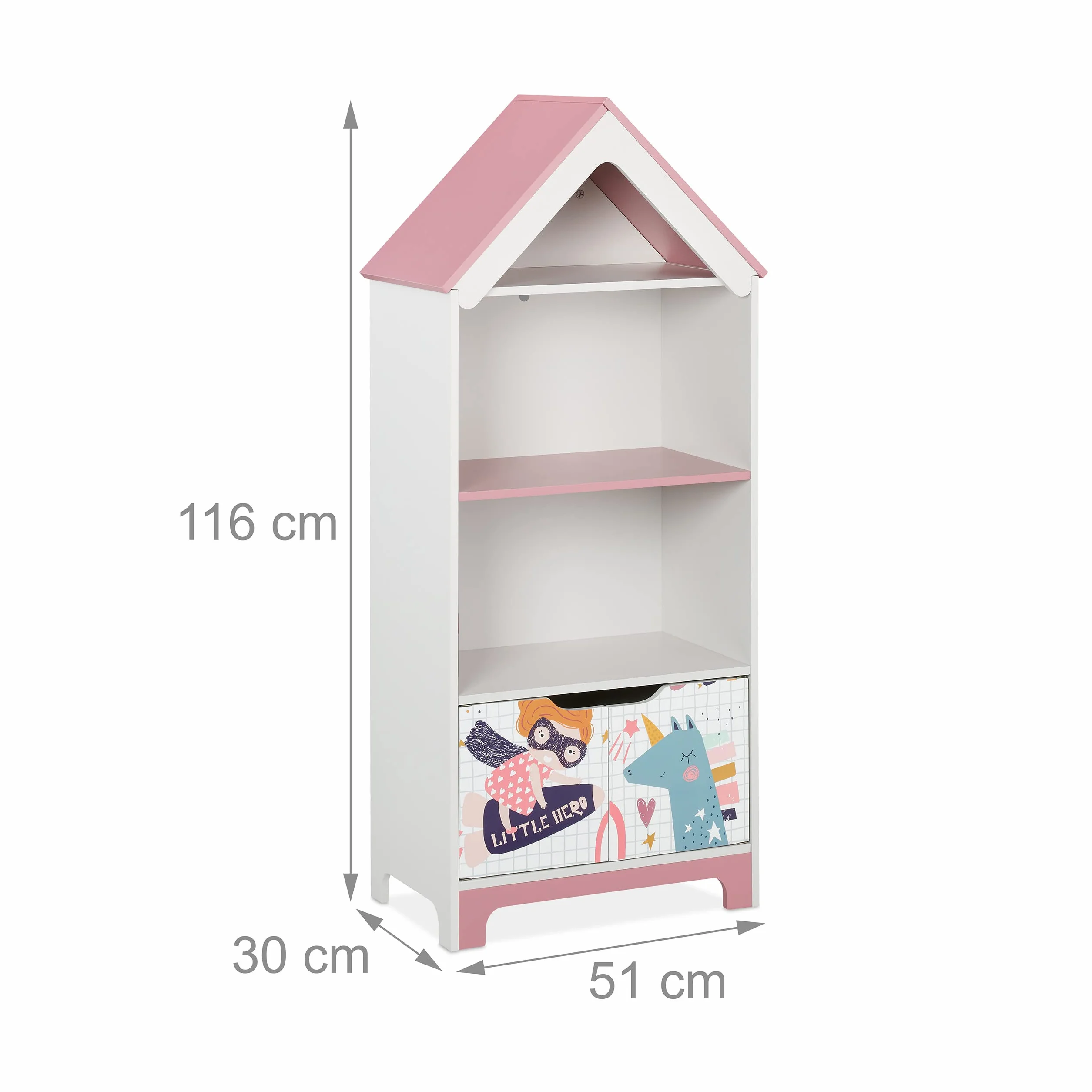 Relaxdays Scaffale Portagiochi, Motivo Super Woman, Cameretta Bambini, con 4 Scomparti e Ante, 93x63x28 cm, Bianco Rosa