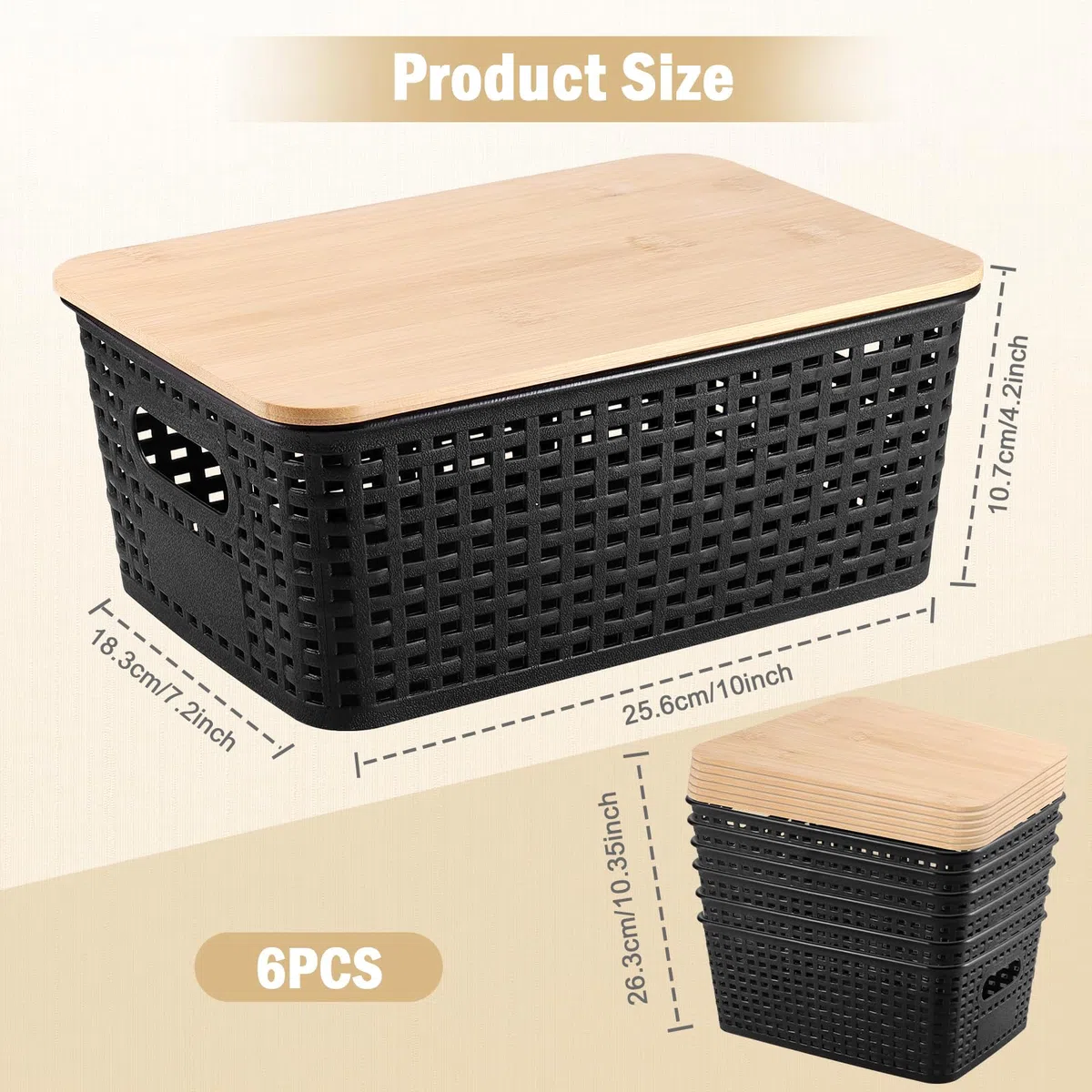 6 Pezzi Scatole Plastica con Coperchio Bambù, Organizer Cucina e Bagno, Impilabile Salvaspazio Cestino Vimini Contenitore Plastica con Bambù Coperchio per Armadio, Ufficio,Camera (Nero)