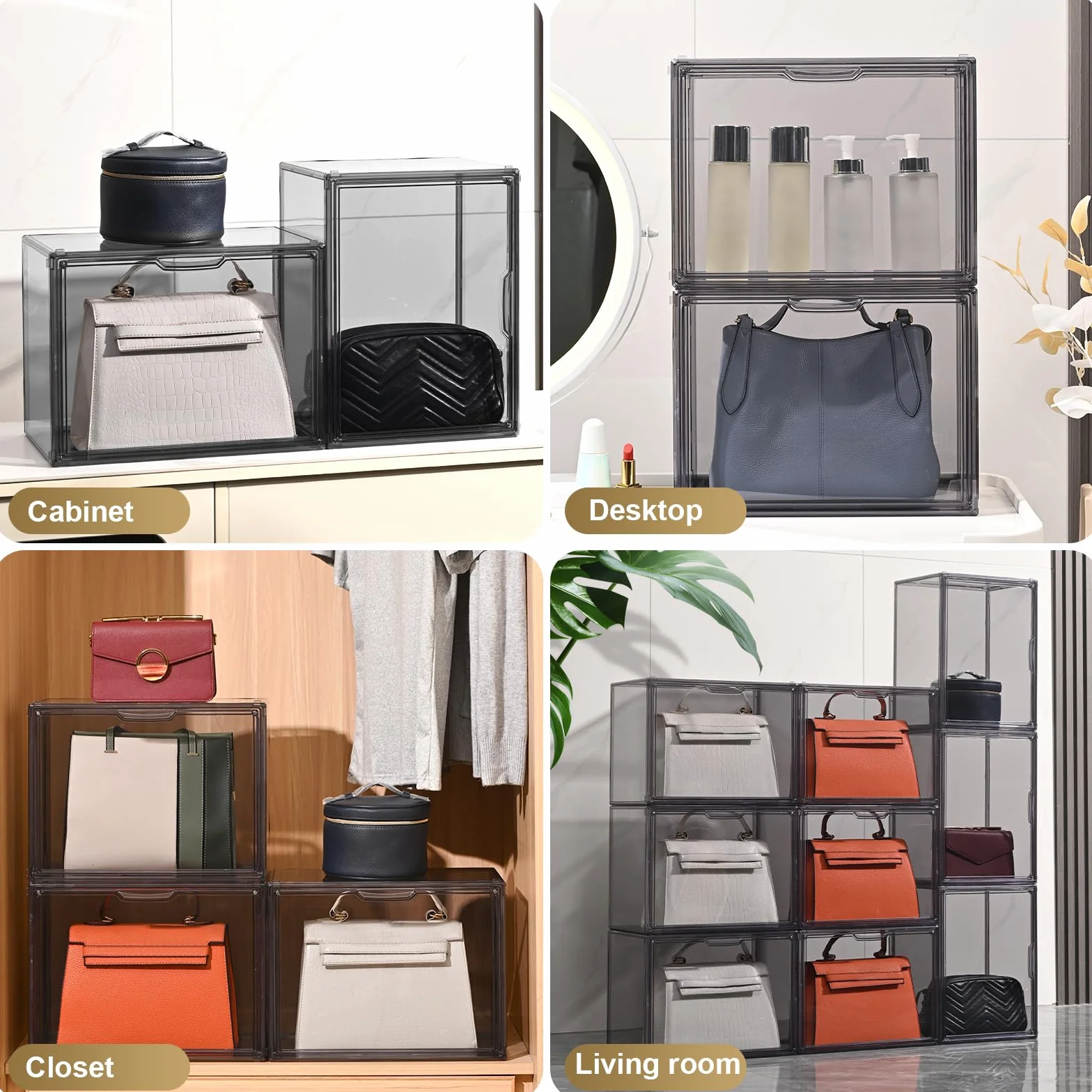 Organizer per borse per armadio, in acrilico grigio trasparente, impilabile, con porta magnetica, per portafoglio, libri, cosmetici, giocattoli (4)