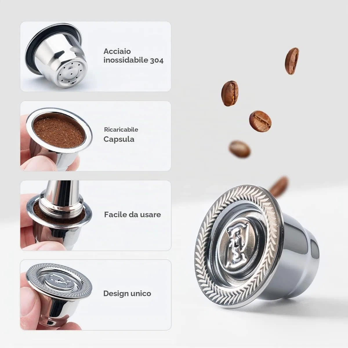 Capsule riutilizzabili Nespresso in acciaio inox, 2 cialde ricaricabili per macchine originali Nespresso + 1 manomissione + 1 cucchiaio + 1 pennello