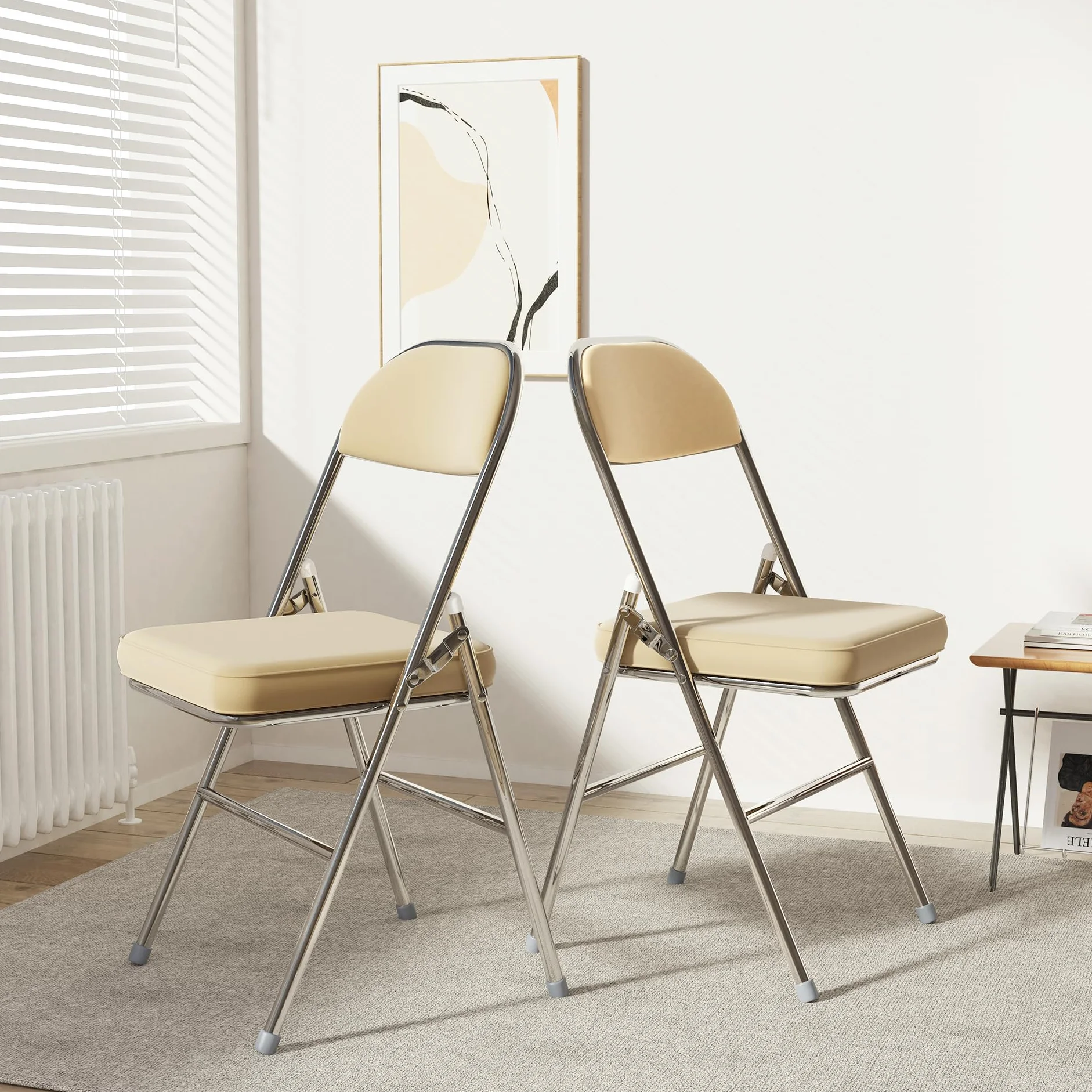 2 Pieghevoli comode di Alta qualità in Metallo, Imbottite in Ecopelle Resistenti salvaspazio, Sedia per Interno Esterno Viaggio Cucina Soggiorno Camera da Letto Giardino 42x46x80 cm, beige