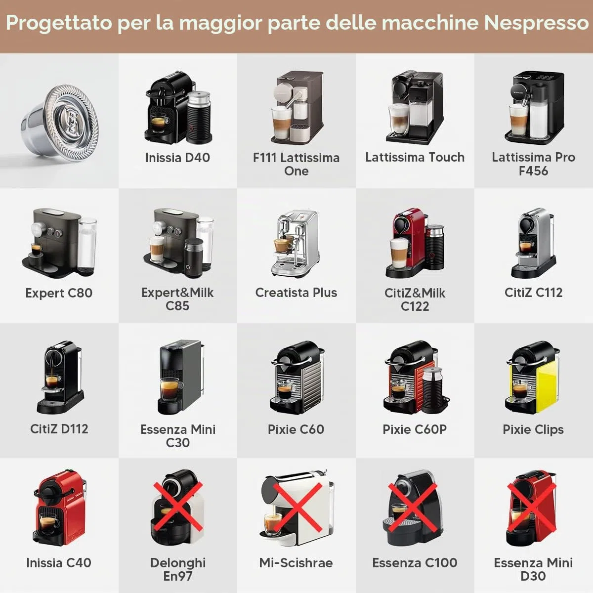 Capsule riutilizzabili Nespresso in acciaio inox, 2 cialde ricaricabili per macchine originali Nespresso + 1 manomissione + 1 cucchiaio + 1 pennello