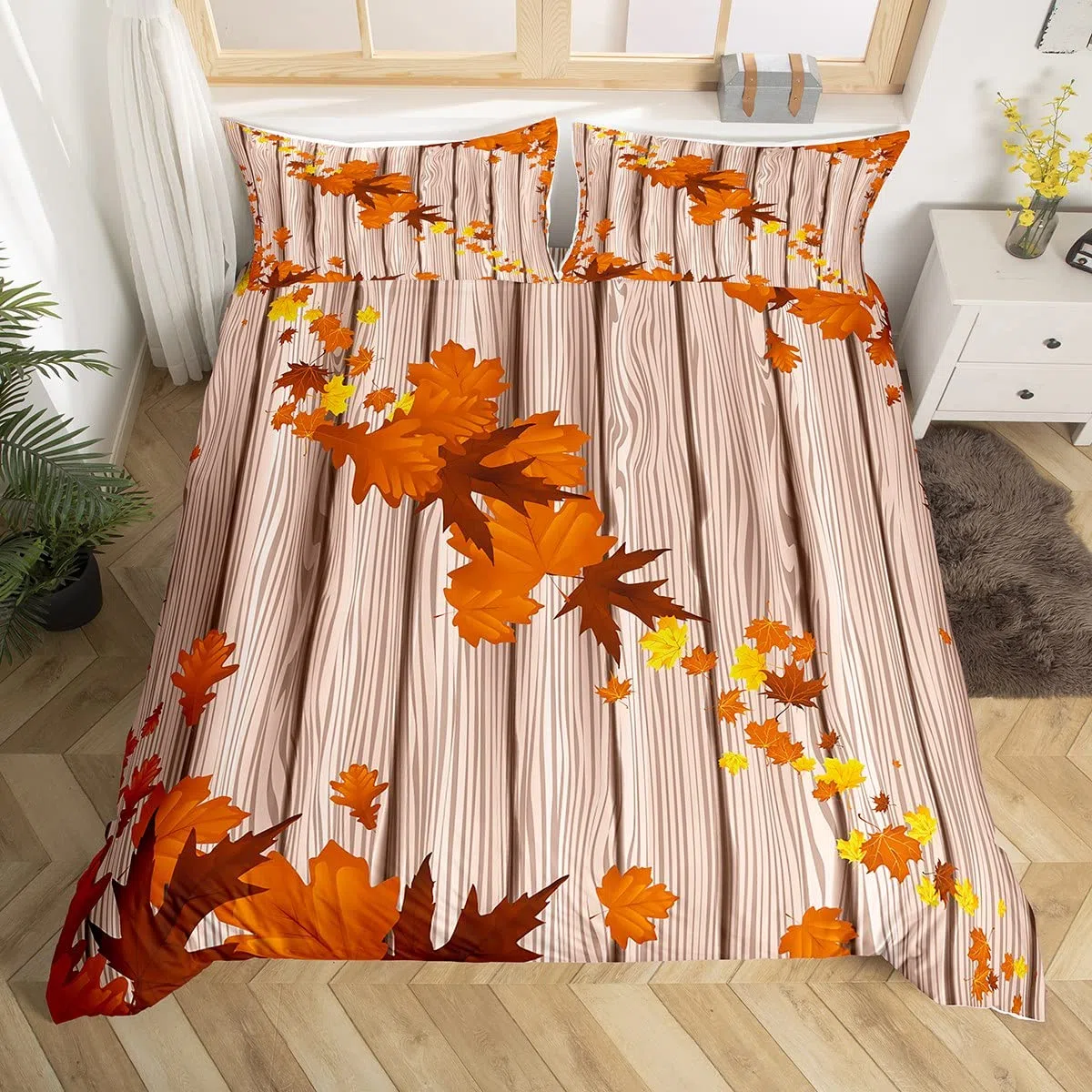 Set di biancheria da letto autunnale con foglie d'acero, motivo felice, per bambini, ragazzi, ragazze, ragazzi, rustico, in legno, traspirante, arancione bruciato, con foglie diagonali