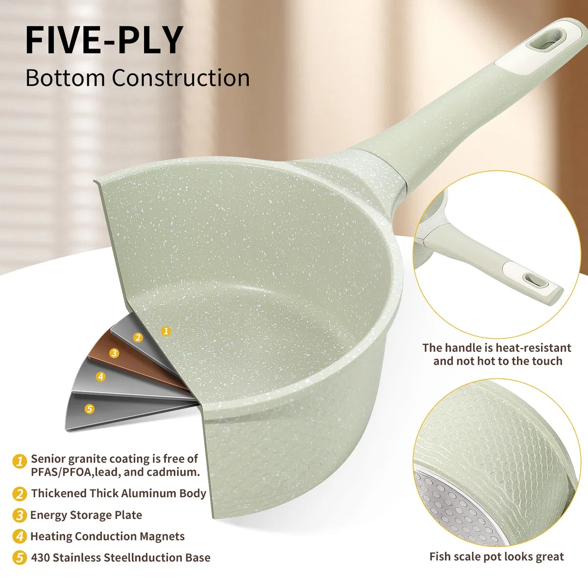 DYGG Casseruola Antiaderente Induzione 1.5L/16 cm, Pentola Multiuso con Rivestimento in Granito per zuppa, pasta, verdure – Senza PFOA/PFAS e Coperchio Vetro – Compatibile con Tutti i Piani Cottura