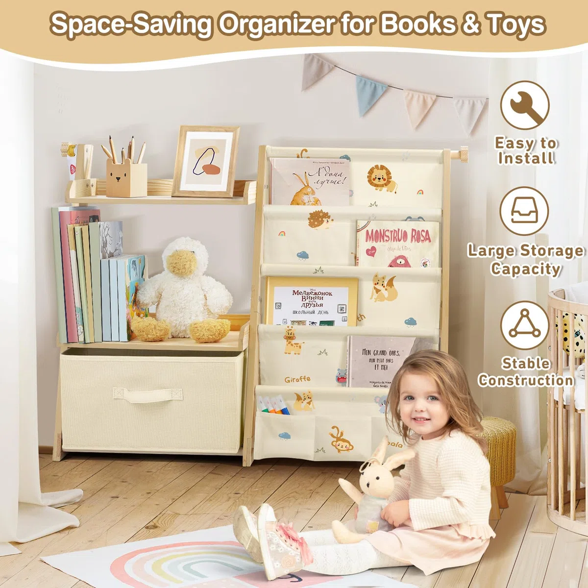 Libreria Montessoriana per Bambini Bambina, Scaffale per Giocattoli, Legno Massiccio Montessori Scaffale Libreria 85 * 69.5 * 34.5cm - Animali della Giungla