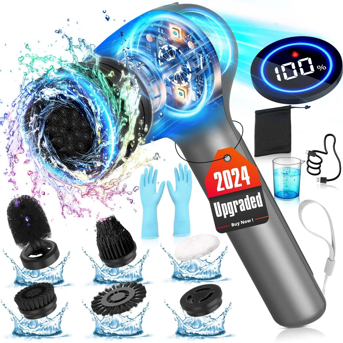 Spazzola elettrica per la pulizia, 9 in 1, efficiente e a 2 velocità, con ricarica USB, spazzola elettrica per bagno, casa, piastrelle e pavimenti