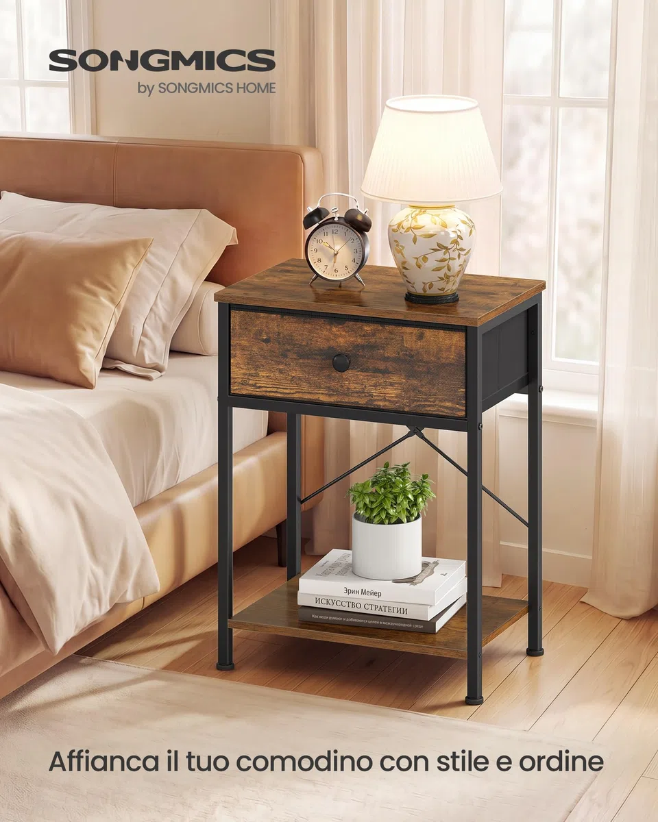 SONGMICS BELLAH Collezione - Comodino, Tavolino con Cassetto e Ripiano, per Camera da Letto Soggiorno, 30 x 39,6 x 60,4 cm, Marrone Vintage LGS101K101