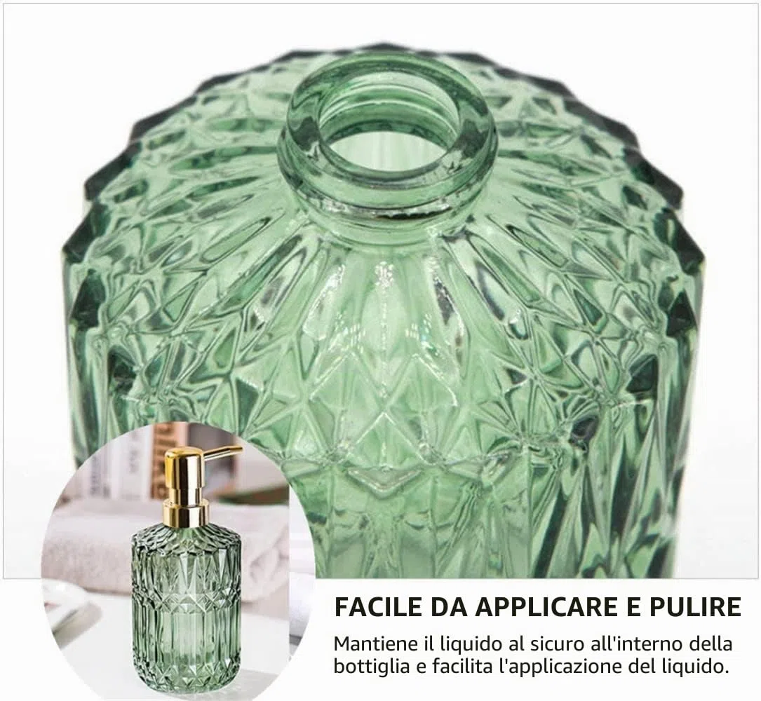 Dispenser Sapone Bagno Vetro, 390ml Dispenser Sapone Vetro Oro e Verde, Elegante Vintage Dispenser Sapone Liquido da Bagno, Set da 2