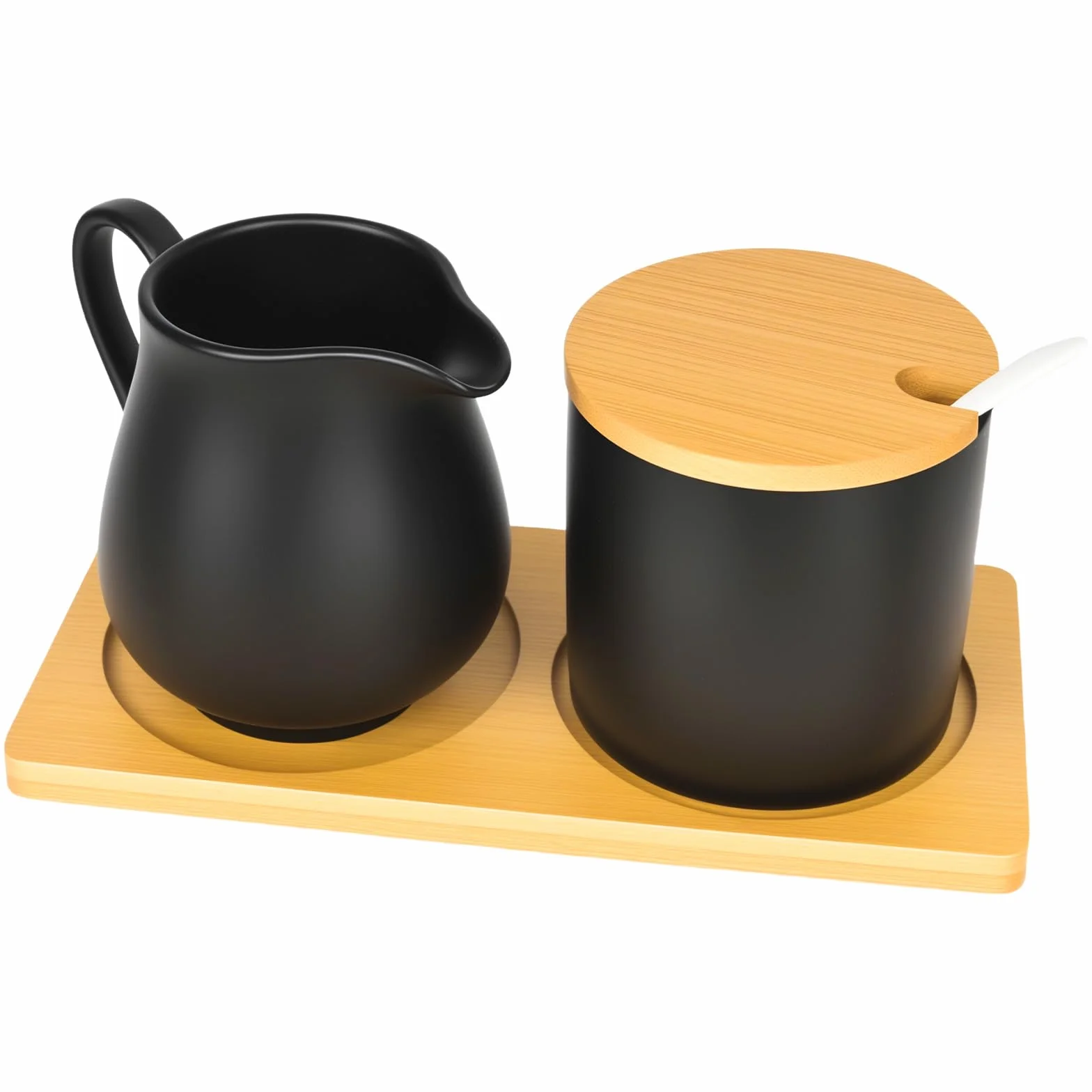 Set di latte e zucchero con coperchio e cucchiaio, bricco per il latte in ceramica nera e zuccheriera con vassoio in legno, per il latte, lavabile in lavastoviglie e adatto al microonde