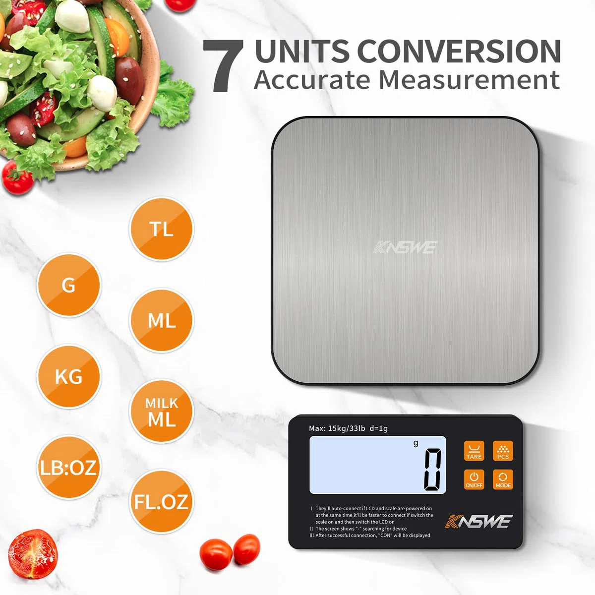 Bilancia da Cucina Divisa 15kg/1g Bilancia professionale per alimenti Collegata con display LCD separato Bilancia Alimenti con 7 unità Funzione tara Adatto a Casa cibo pasticceria